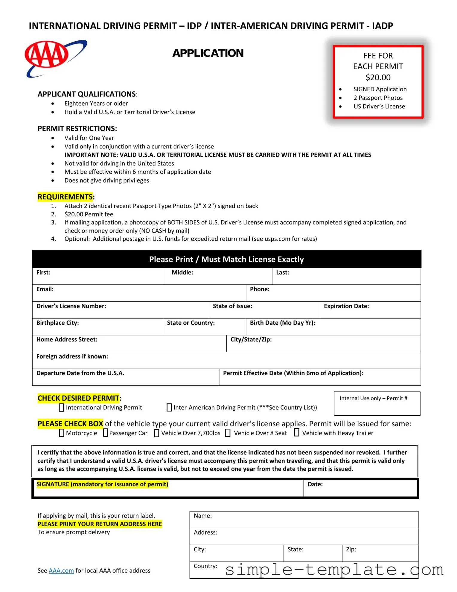 Free Aaa International Driving Permit Application Form in PDF