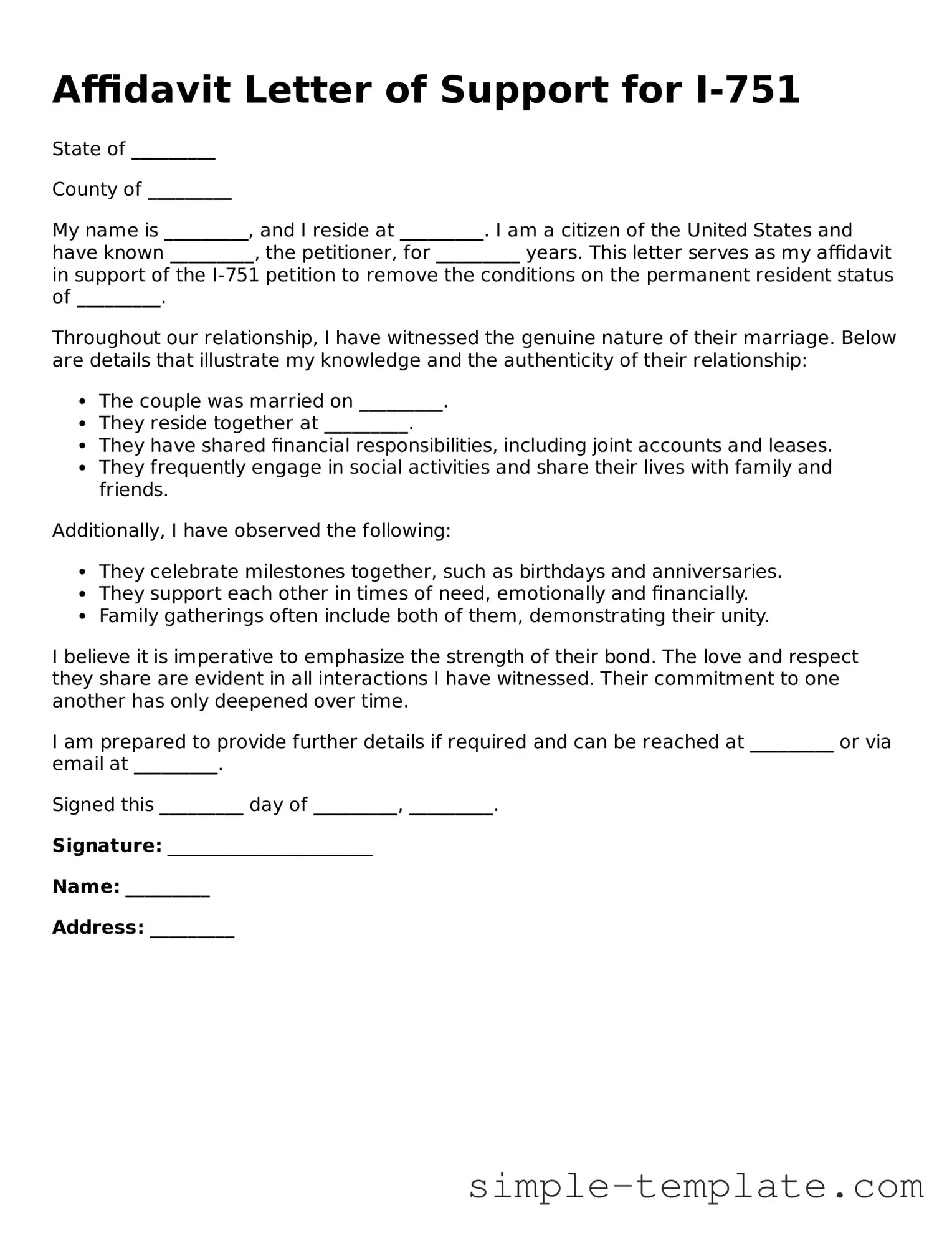 Affidavit Letter of Support for I-751 Form