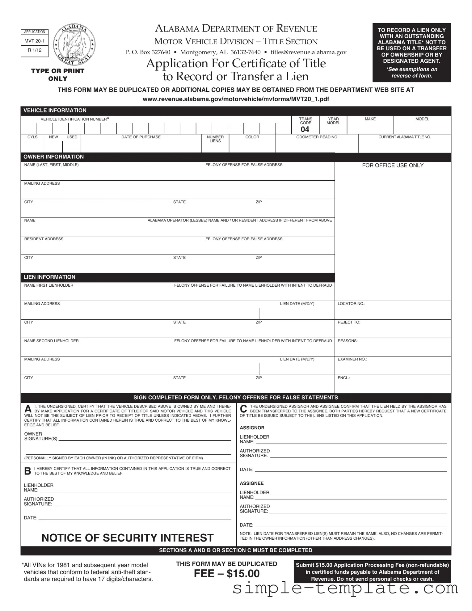 Free Alabama Mvt 20 1 Form in PDF