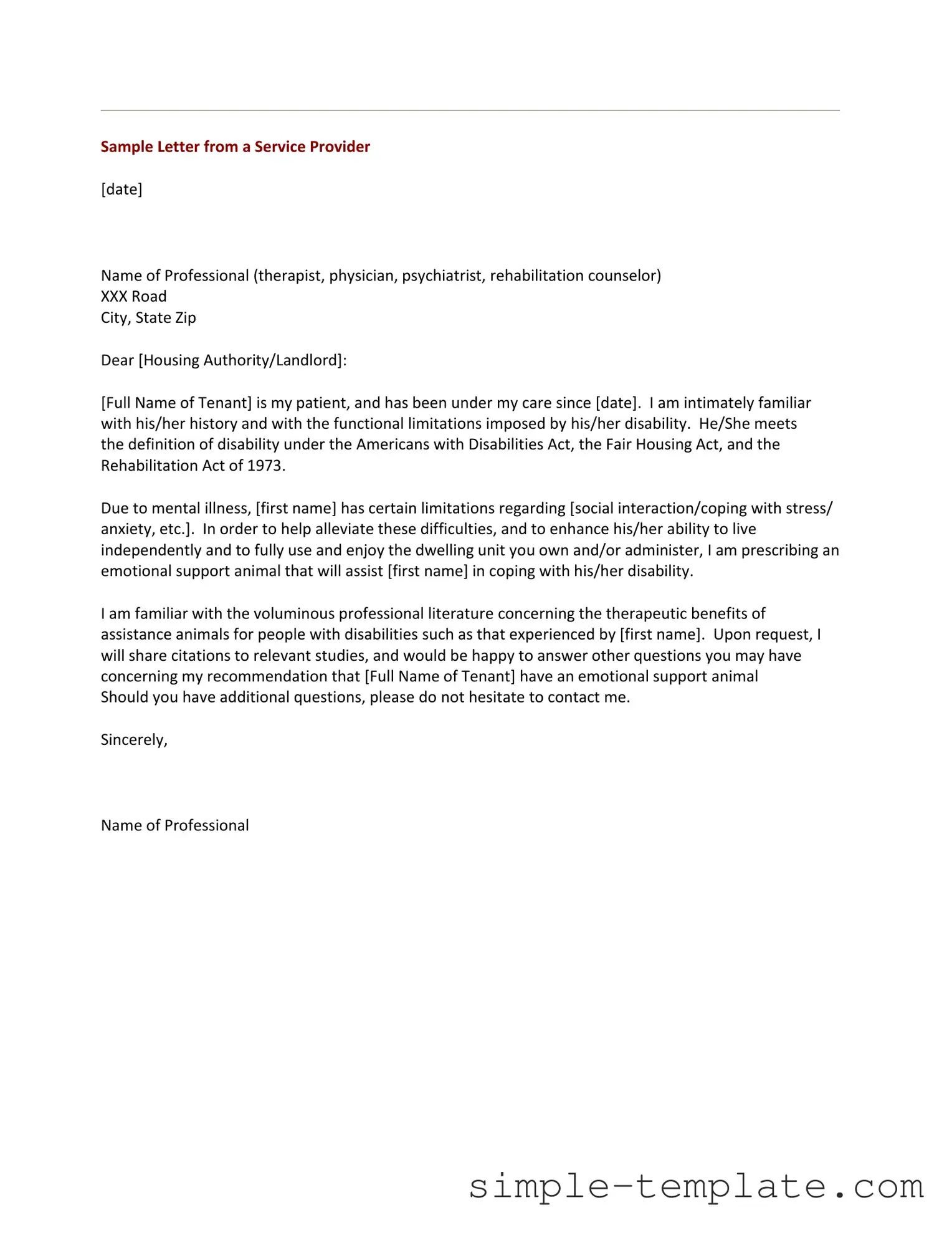 Free Emotional Support Animal Letter Form in PDF
