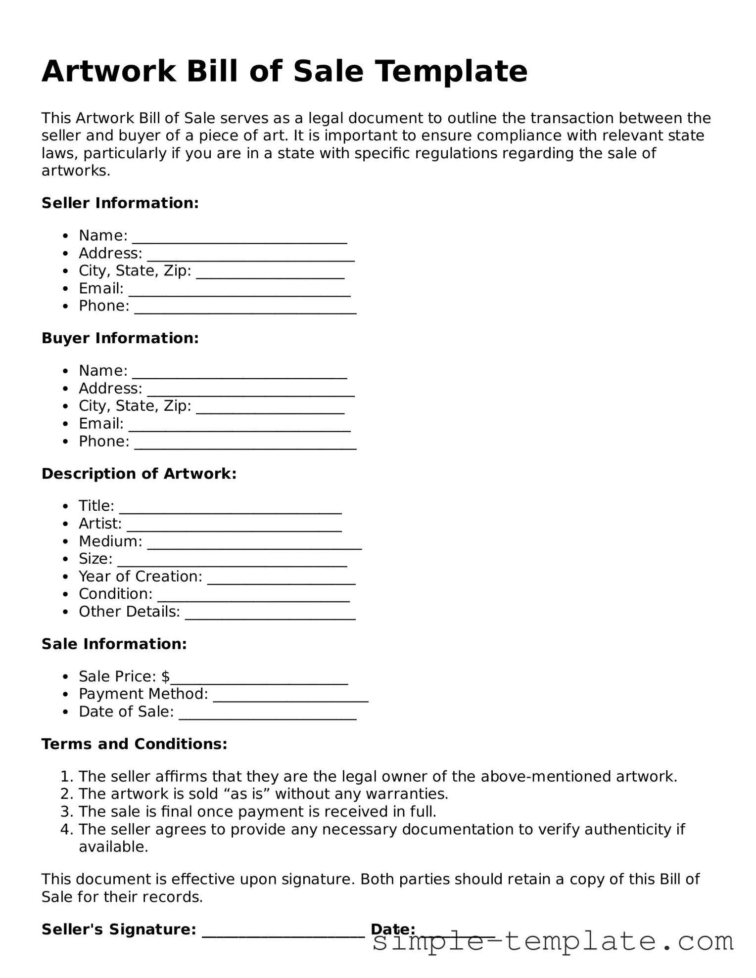 Artwork Bill of Sale Form
