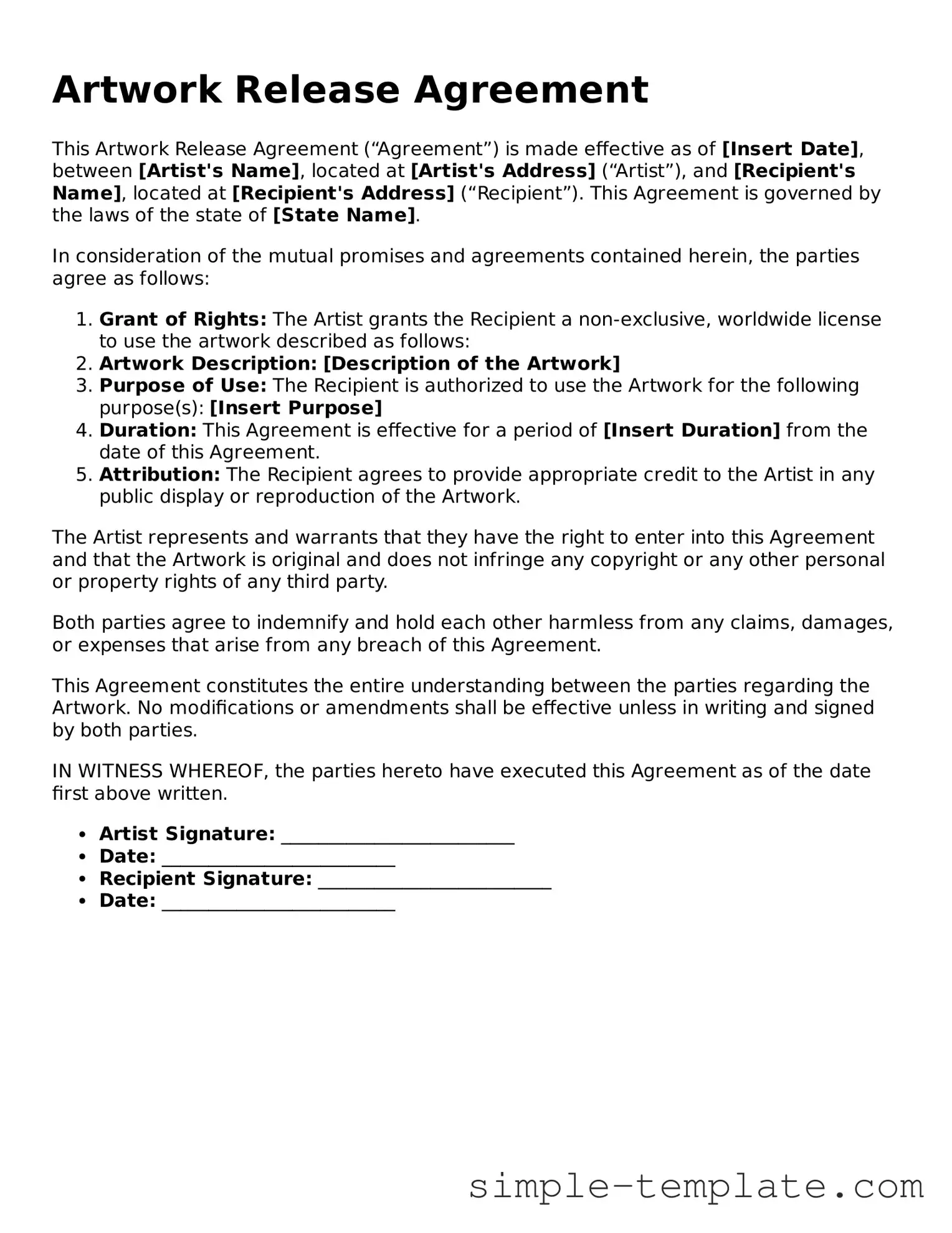 Artwork Release Form