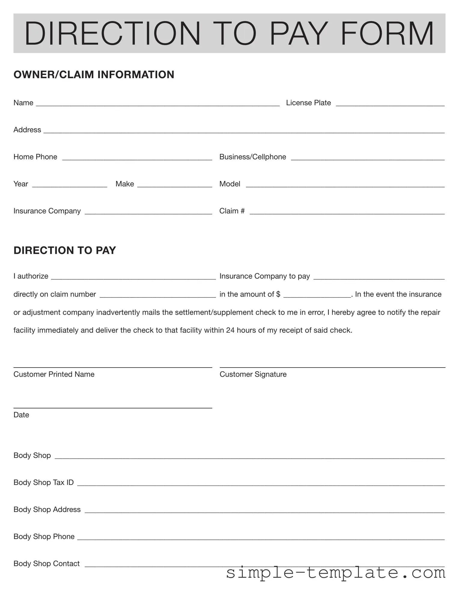 Free Authorization And Direction Pay Form in PDF