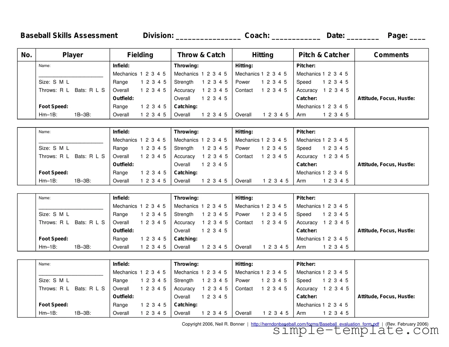 Free Baseball Assessment Form in PDF