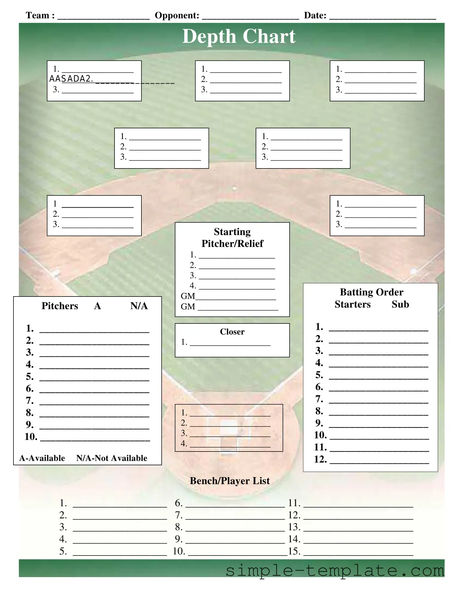 Free Baseball Field Lineup Form in PDF