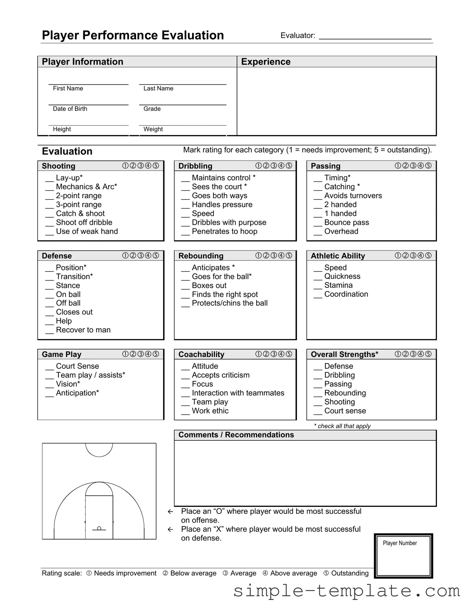 Free Basketball Evaluation Form in PDF