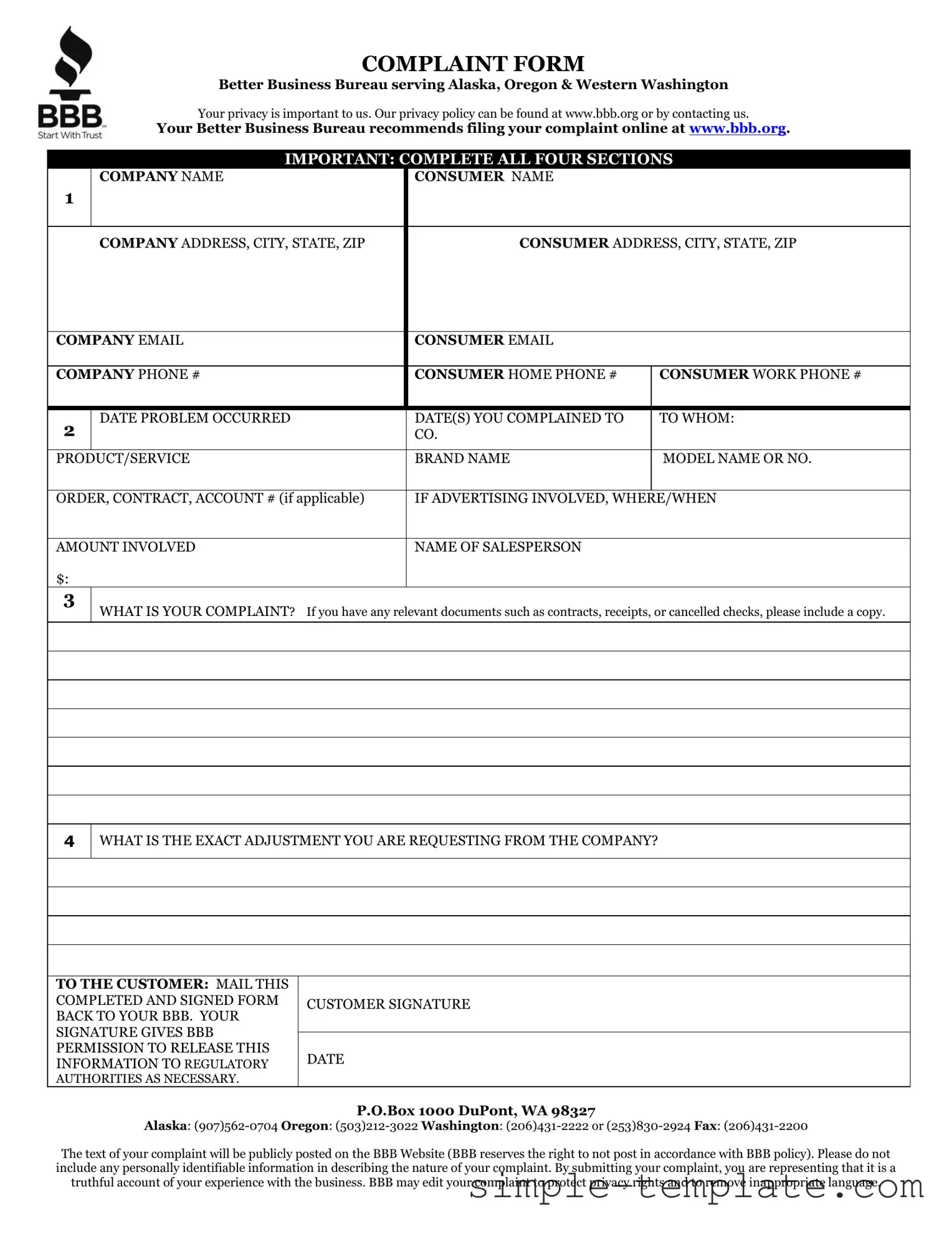 Free Bbb Complaint Form in PDF