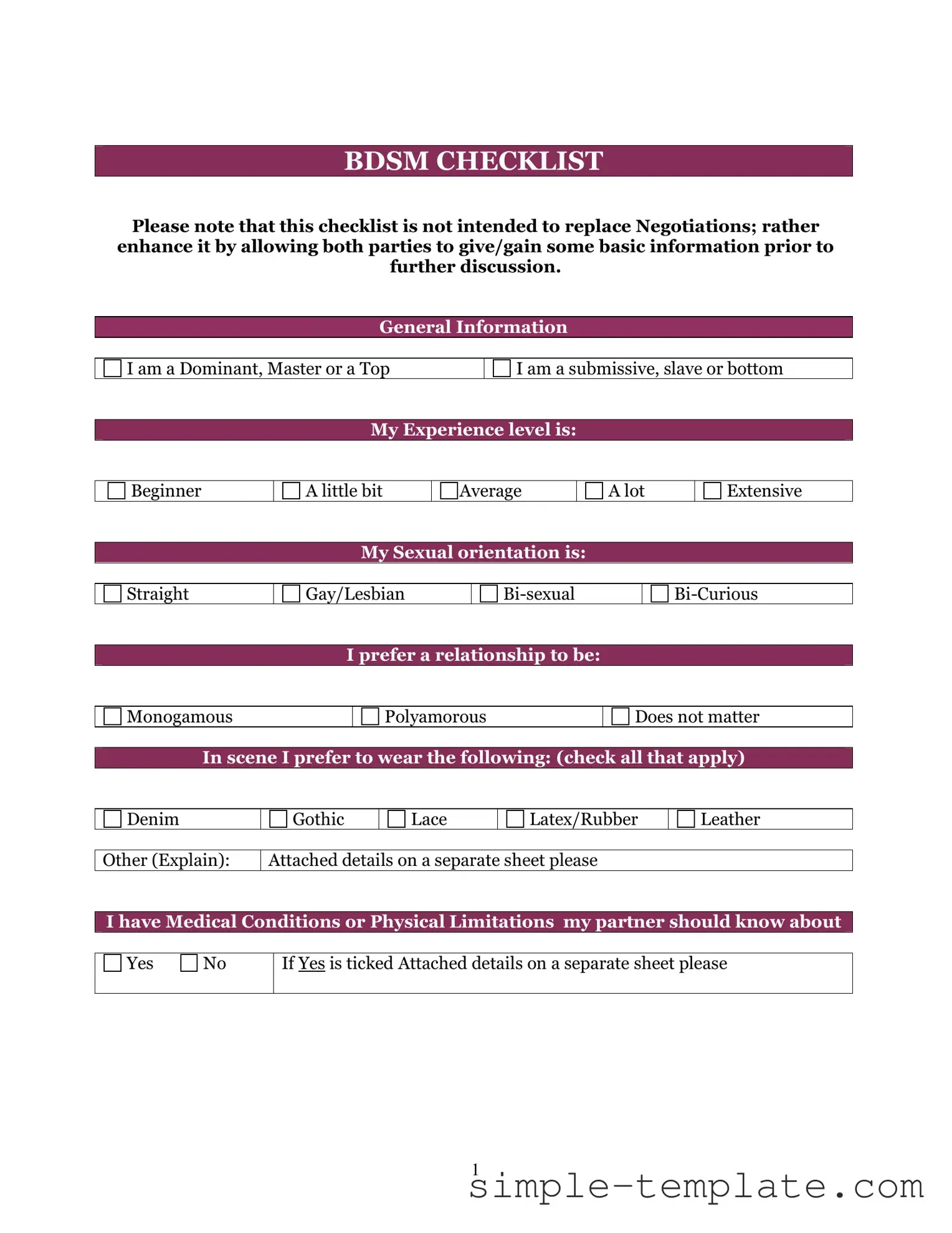 Free Bdsm Checklist Form in PDF