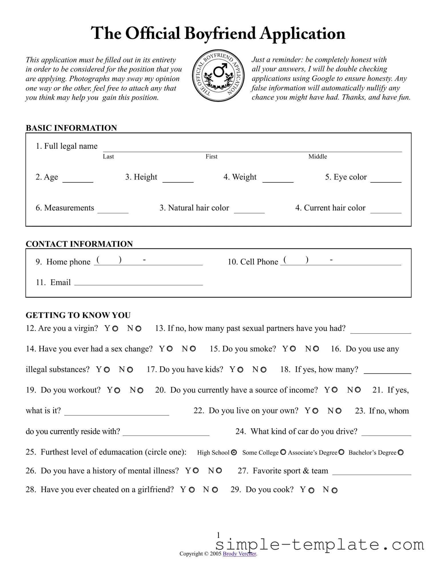 Free Boyfriend application form Form in PDF