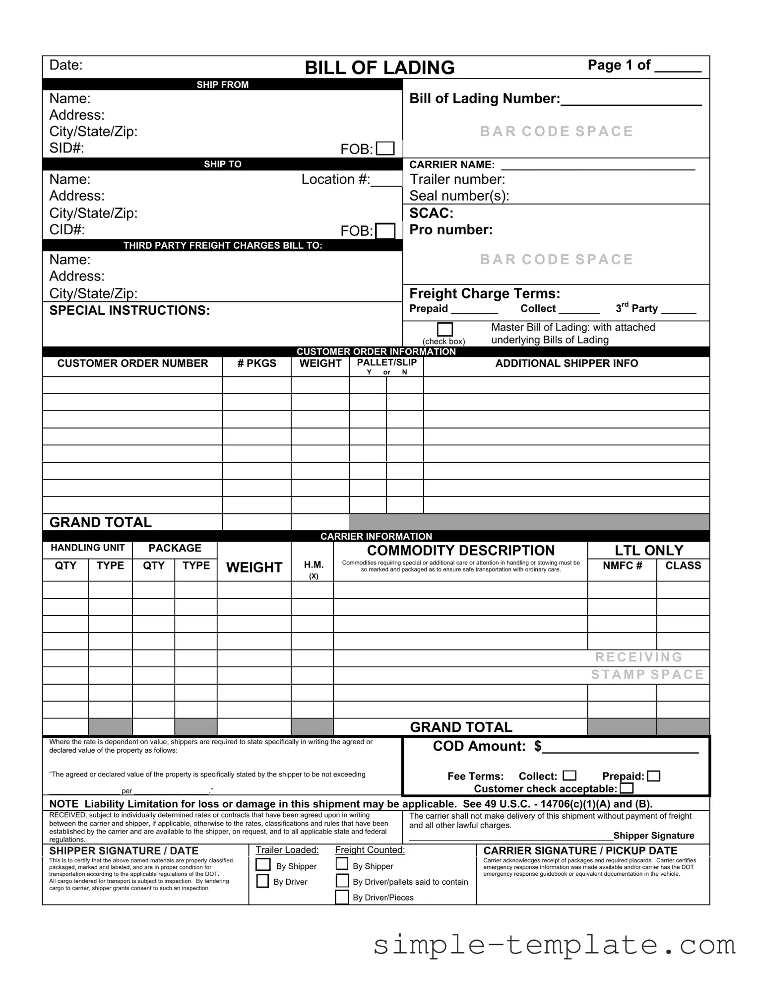 Free Bill of Lading with a Supplement Form in PDF
