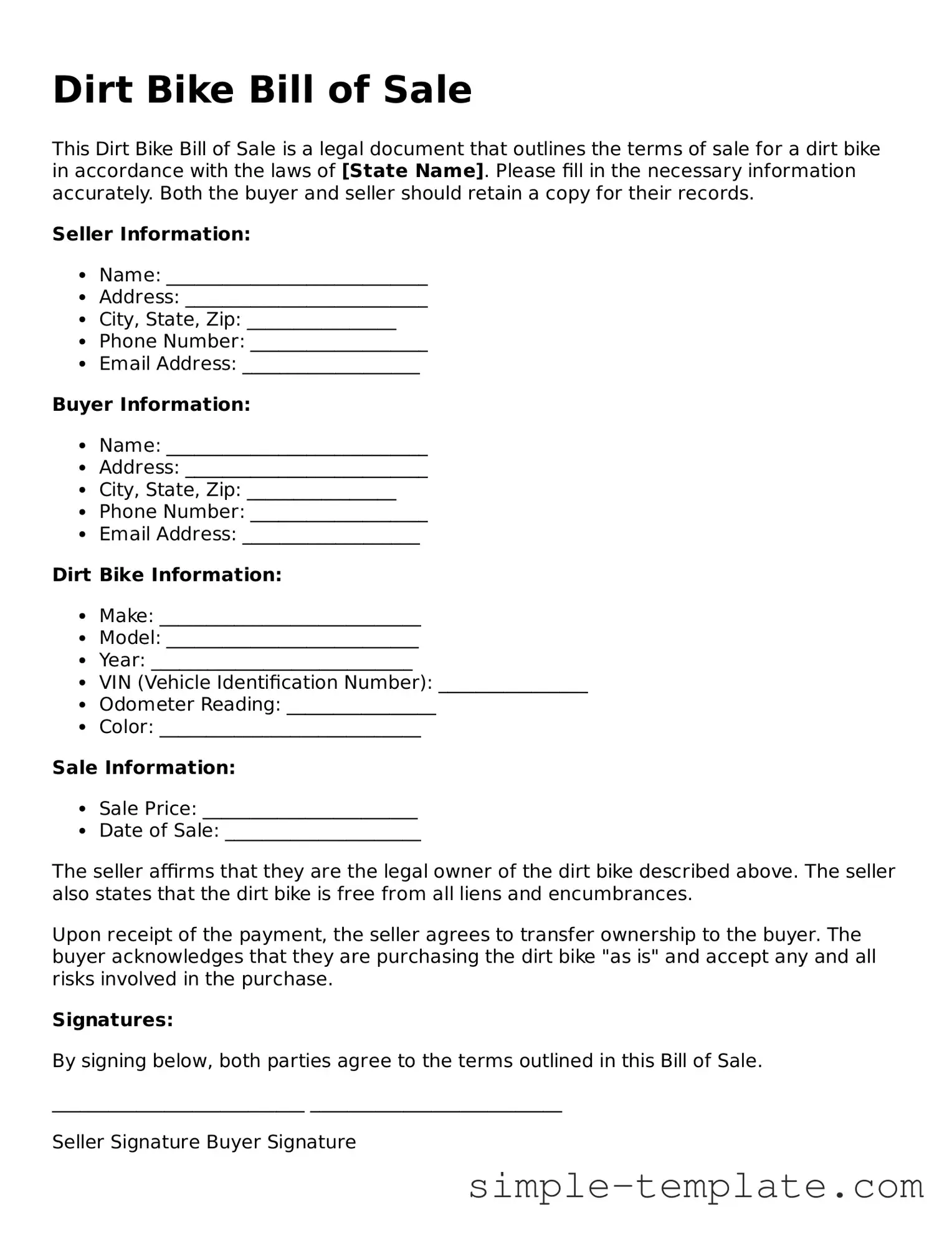 Dirt Bike Bill of Sale Form