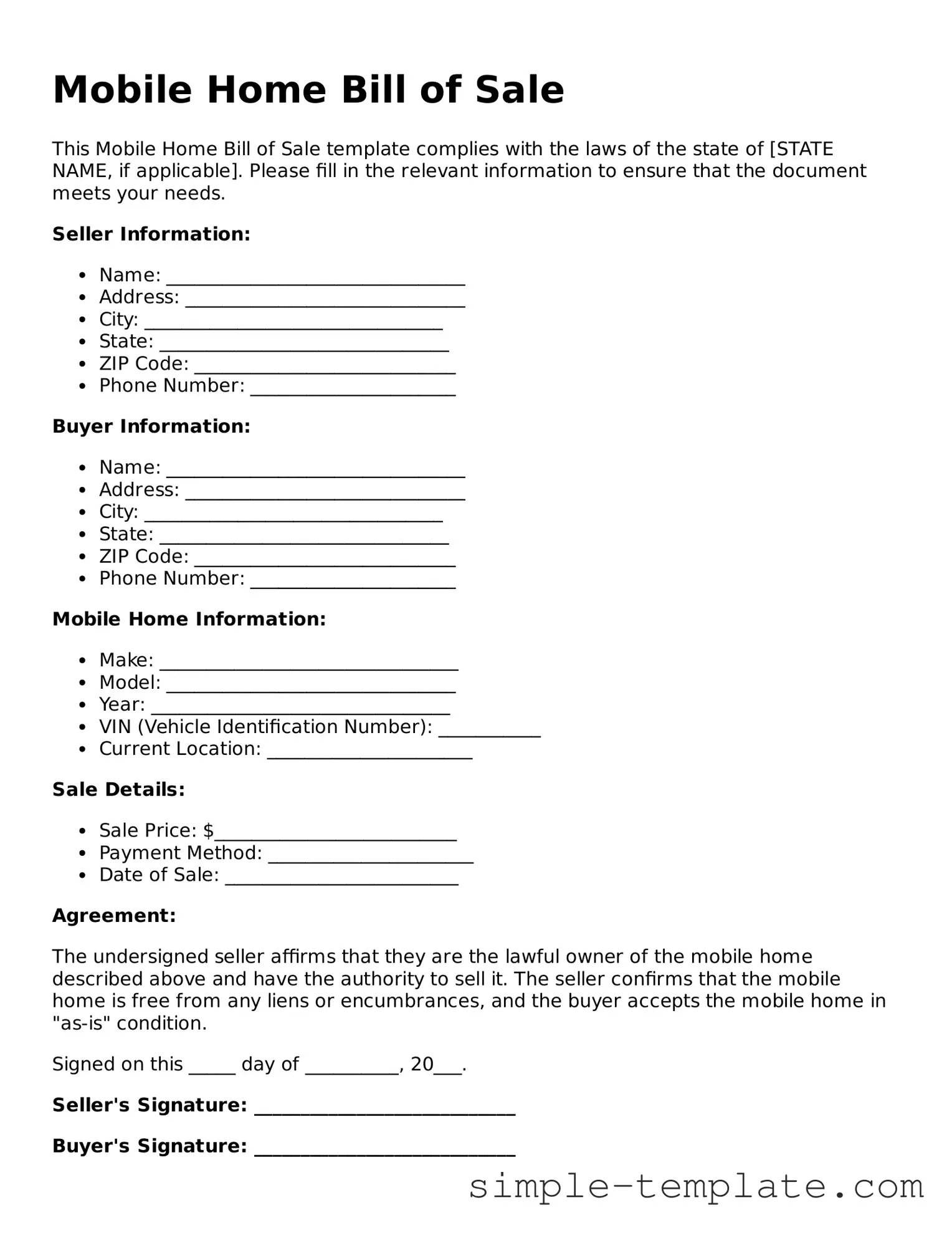 Mobile Home Bill of Sale Form
