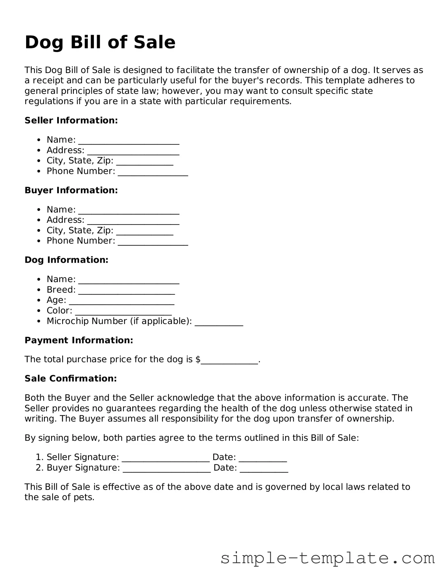 Dog Bill of Sale Form