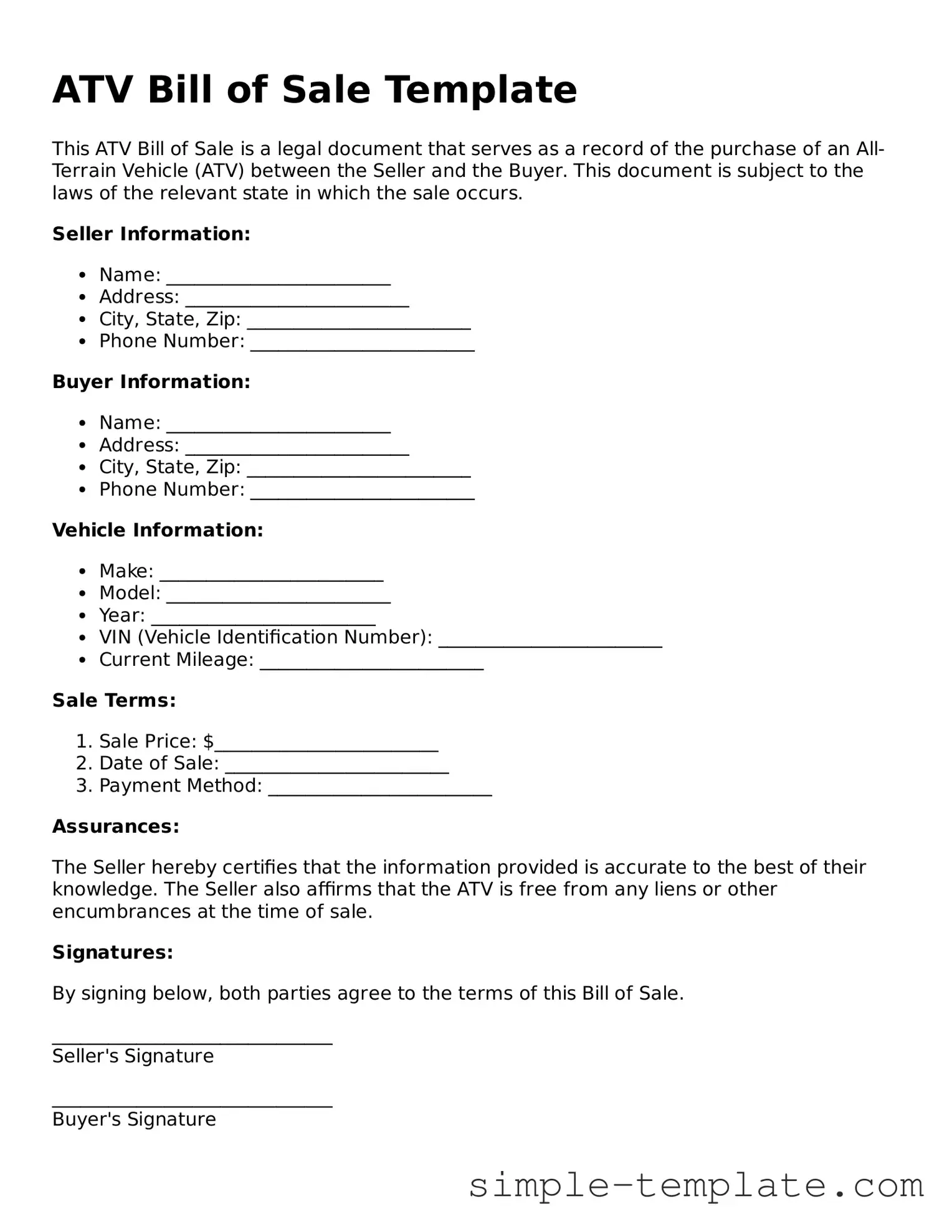 ATV Bill of Sale Form