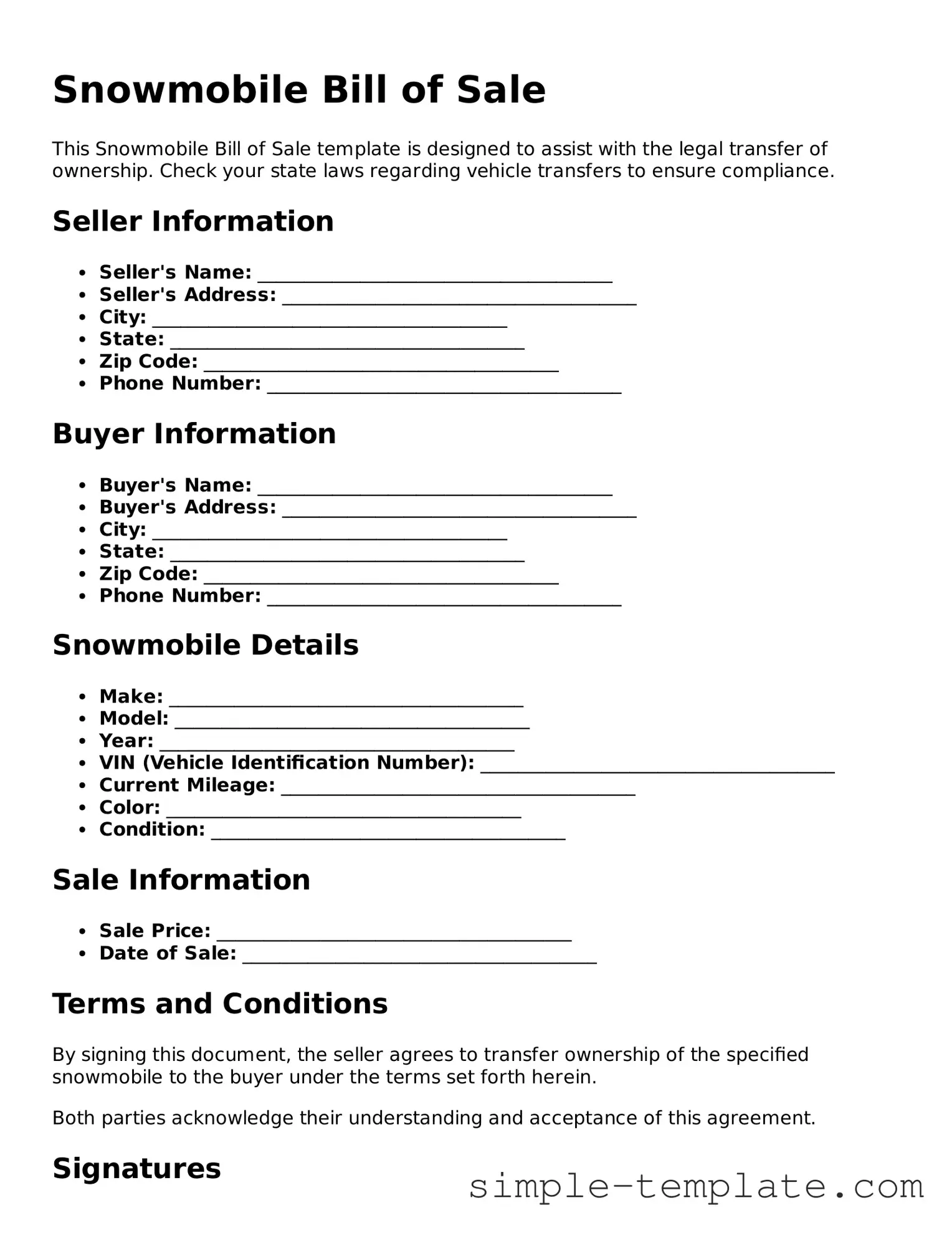 Snowmobile Bill of Sale Form