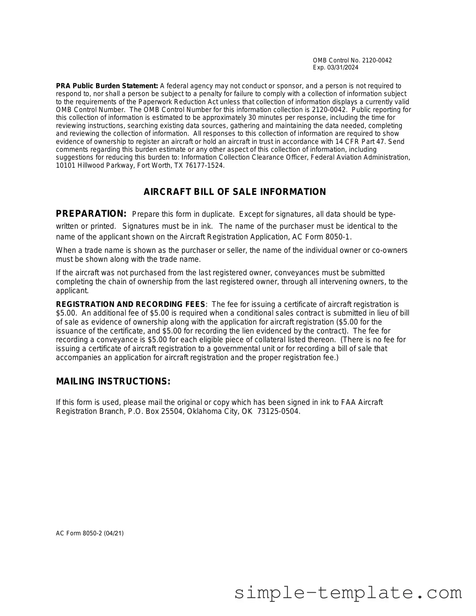 Free Aircraft Bill of Sale AC 8050-2 Form in PDF