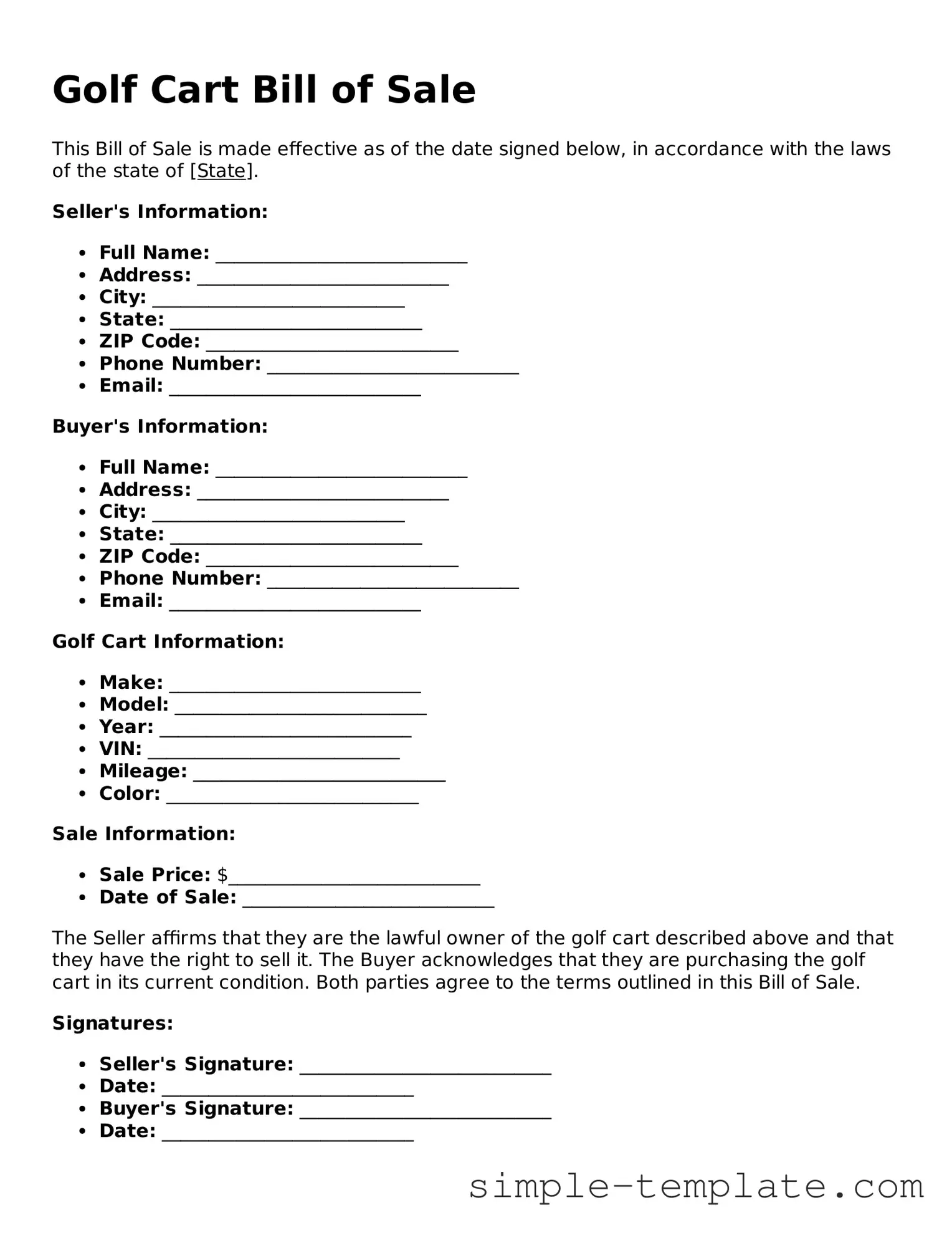 Golf Cart Bill of Sale Form