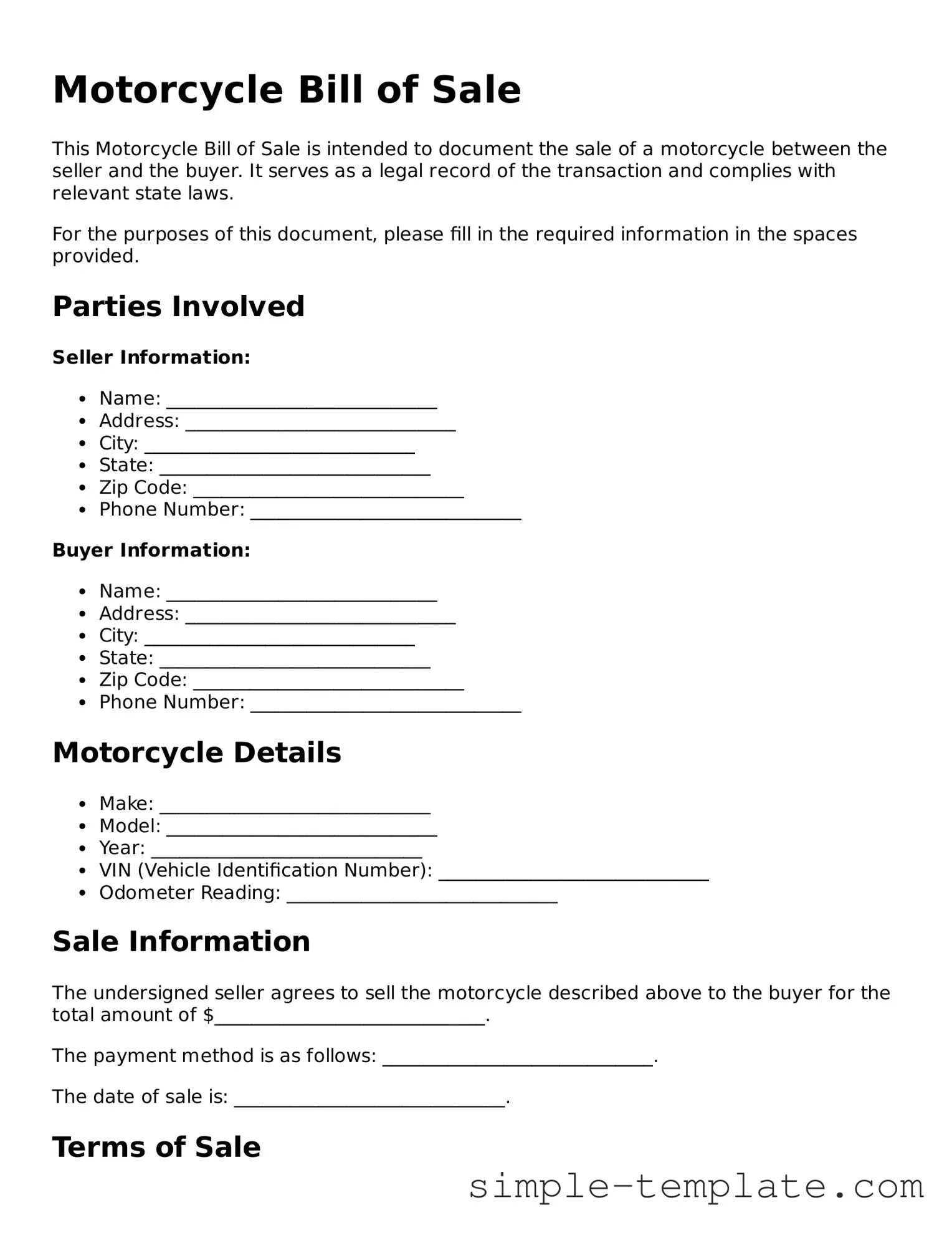 Motorcycle Bill of Sale Form