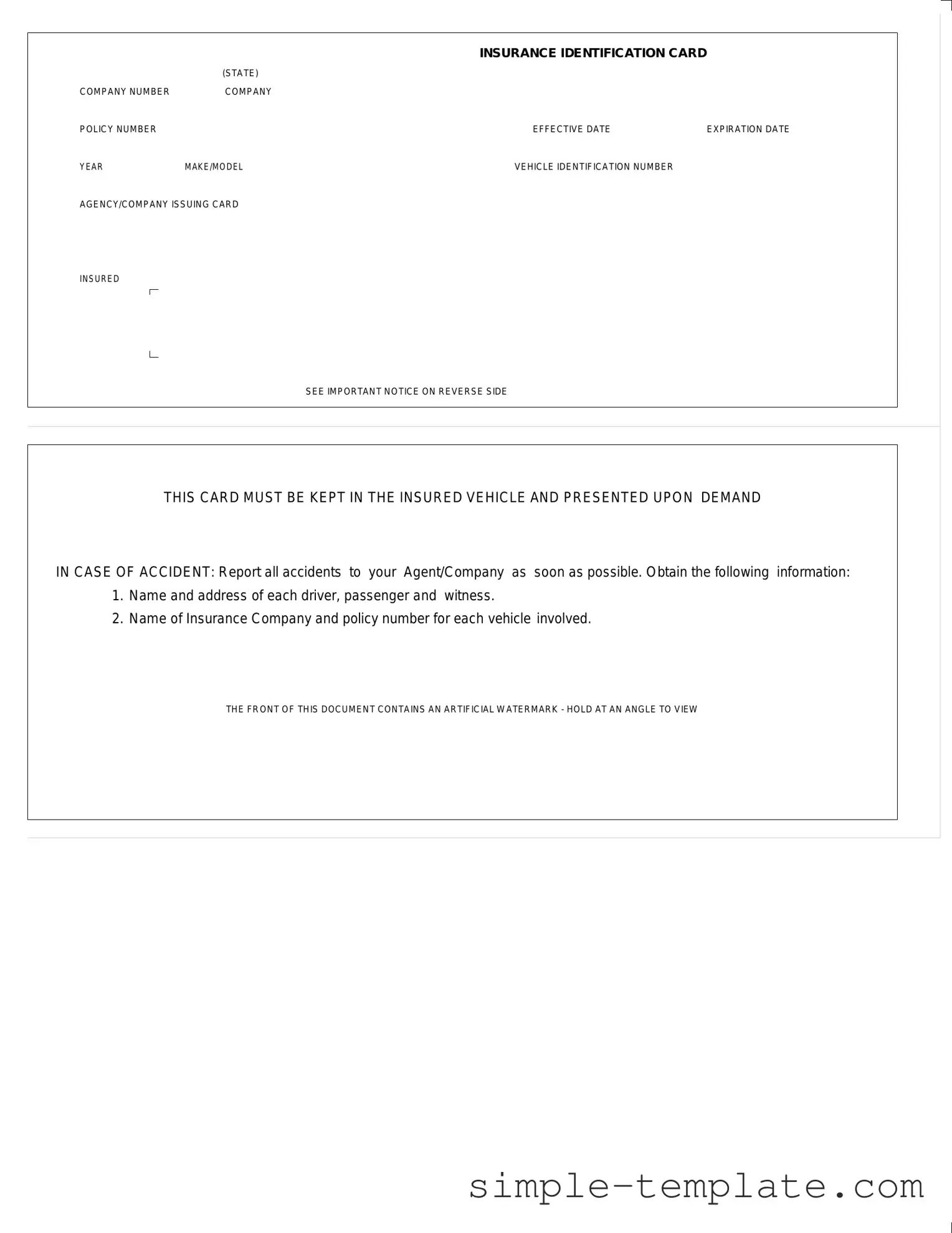 Free Auto Insurance Card Form in PDF
