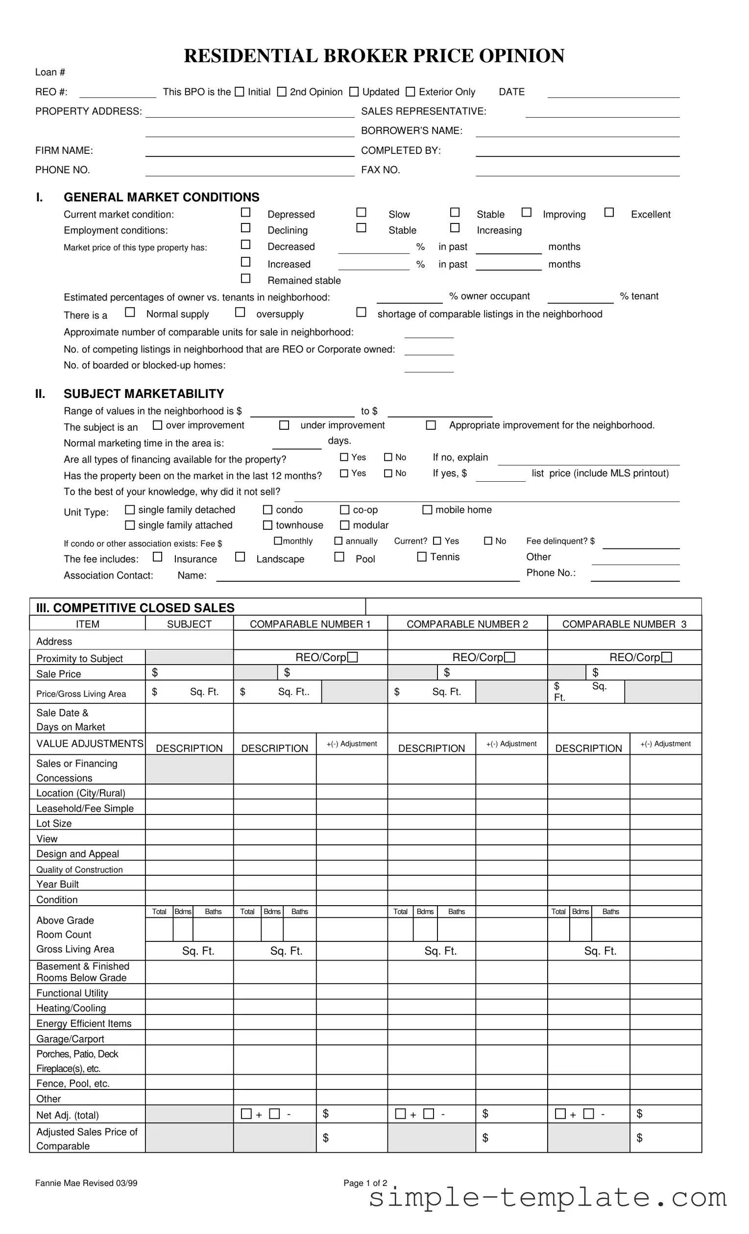 Free Broker Price Opinion Form in PDF