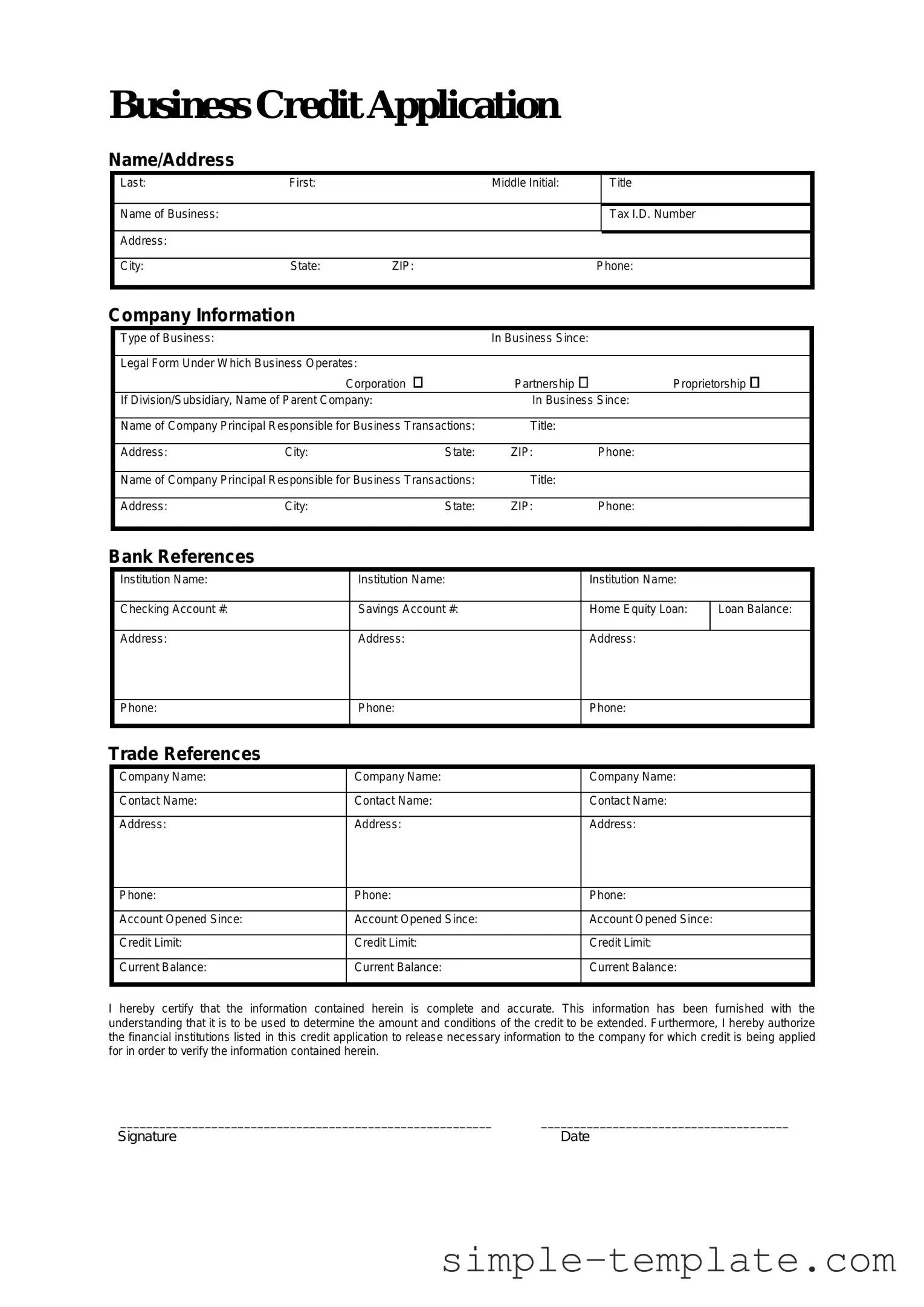 Free Business Credit Application Form in PDF