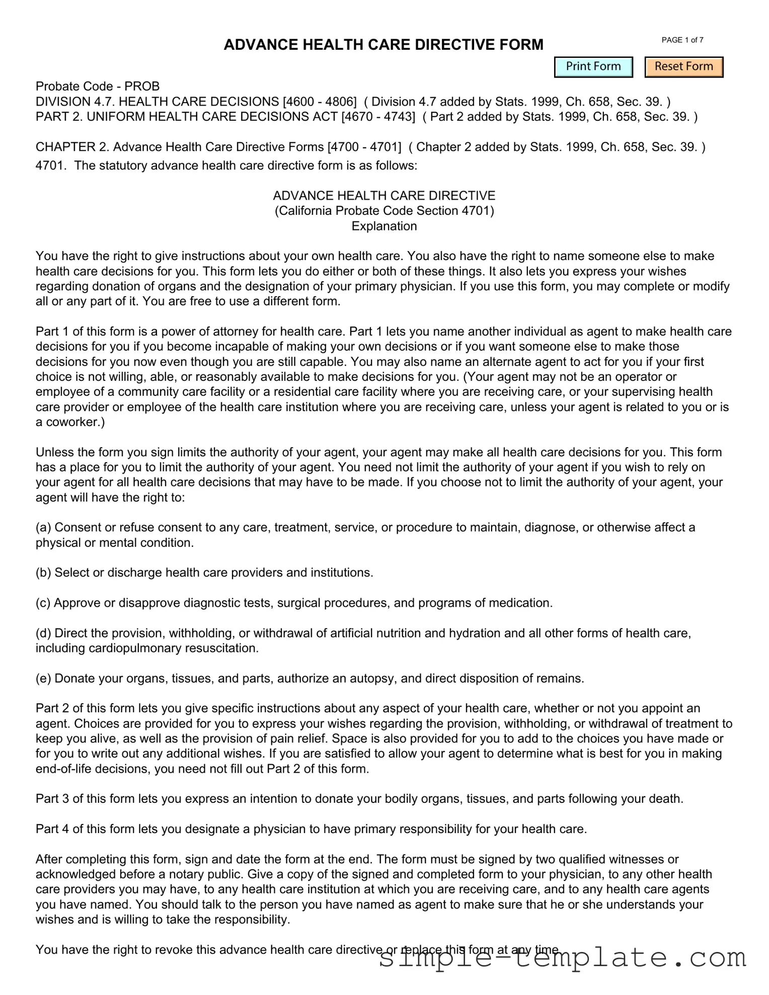 Free California Advanced Health Care Directive Form in PDF