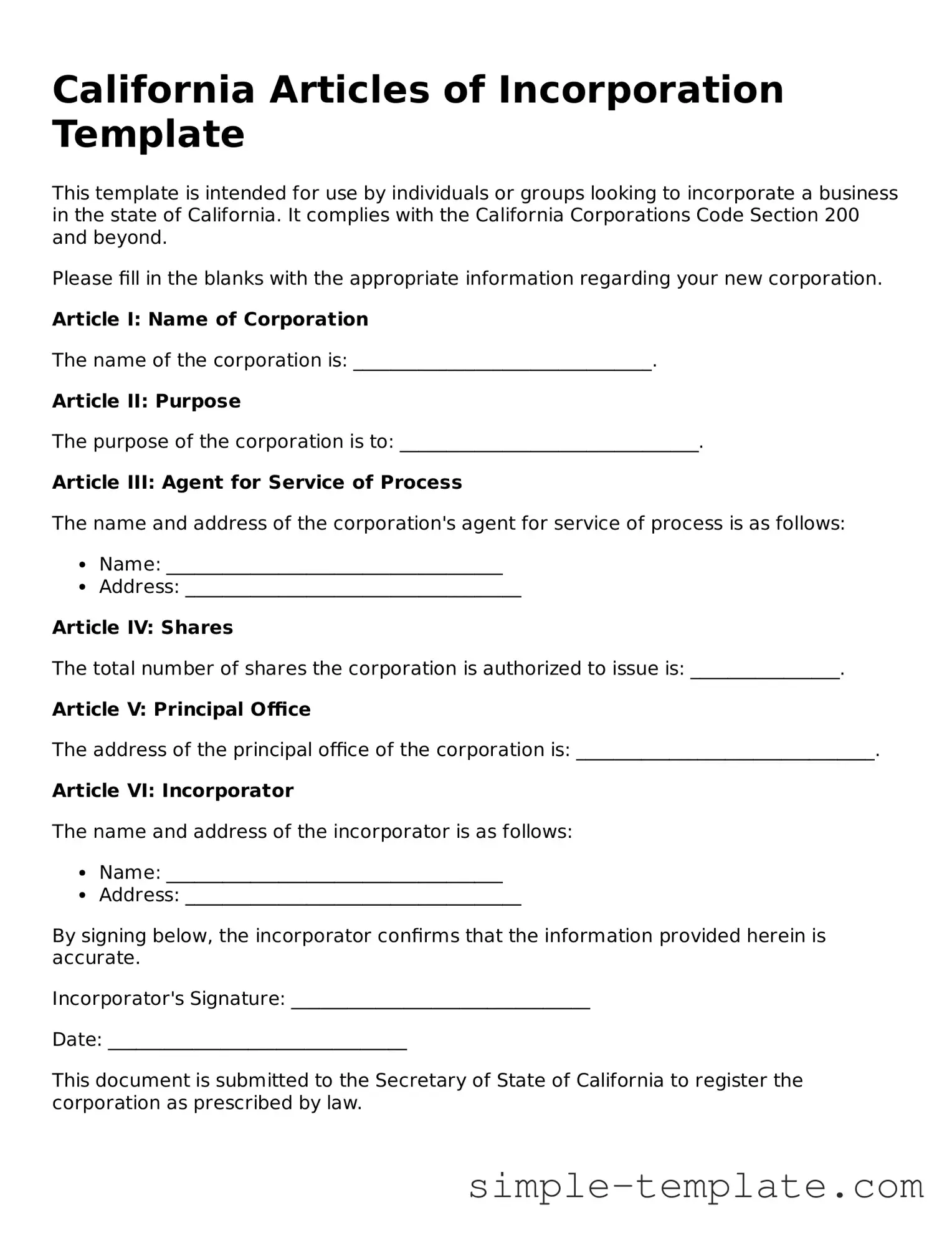 Printable California Articles of Incorporation Document