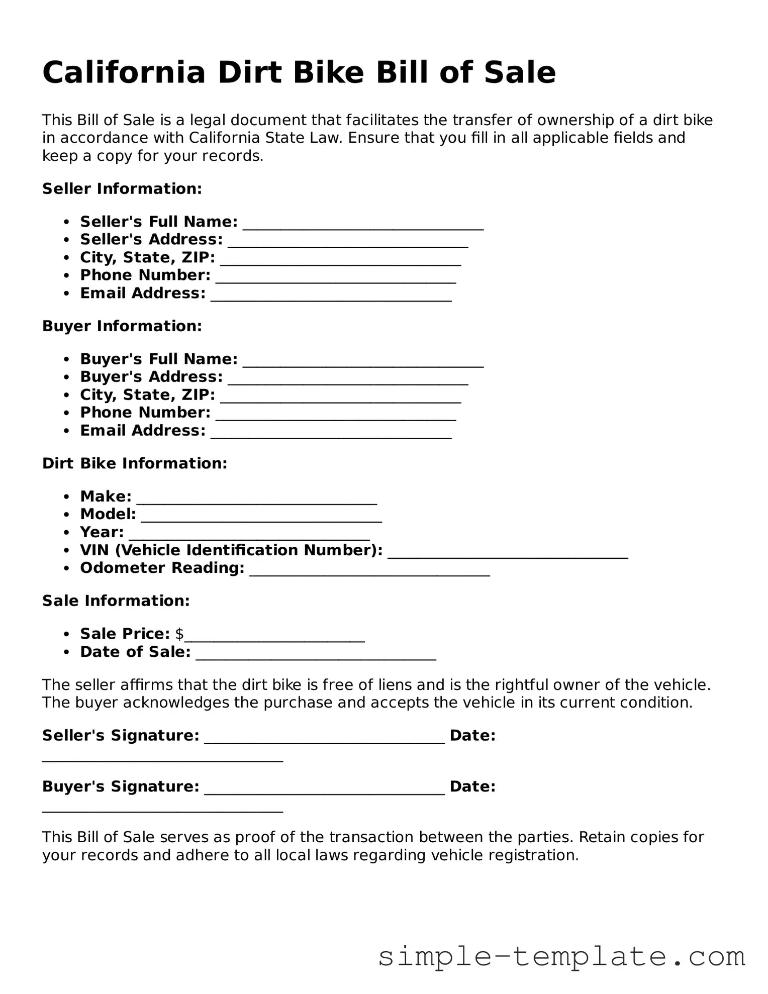 Printable California Dirt Bike Bill of Sale Document