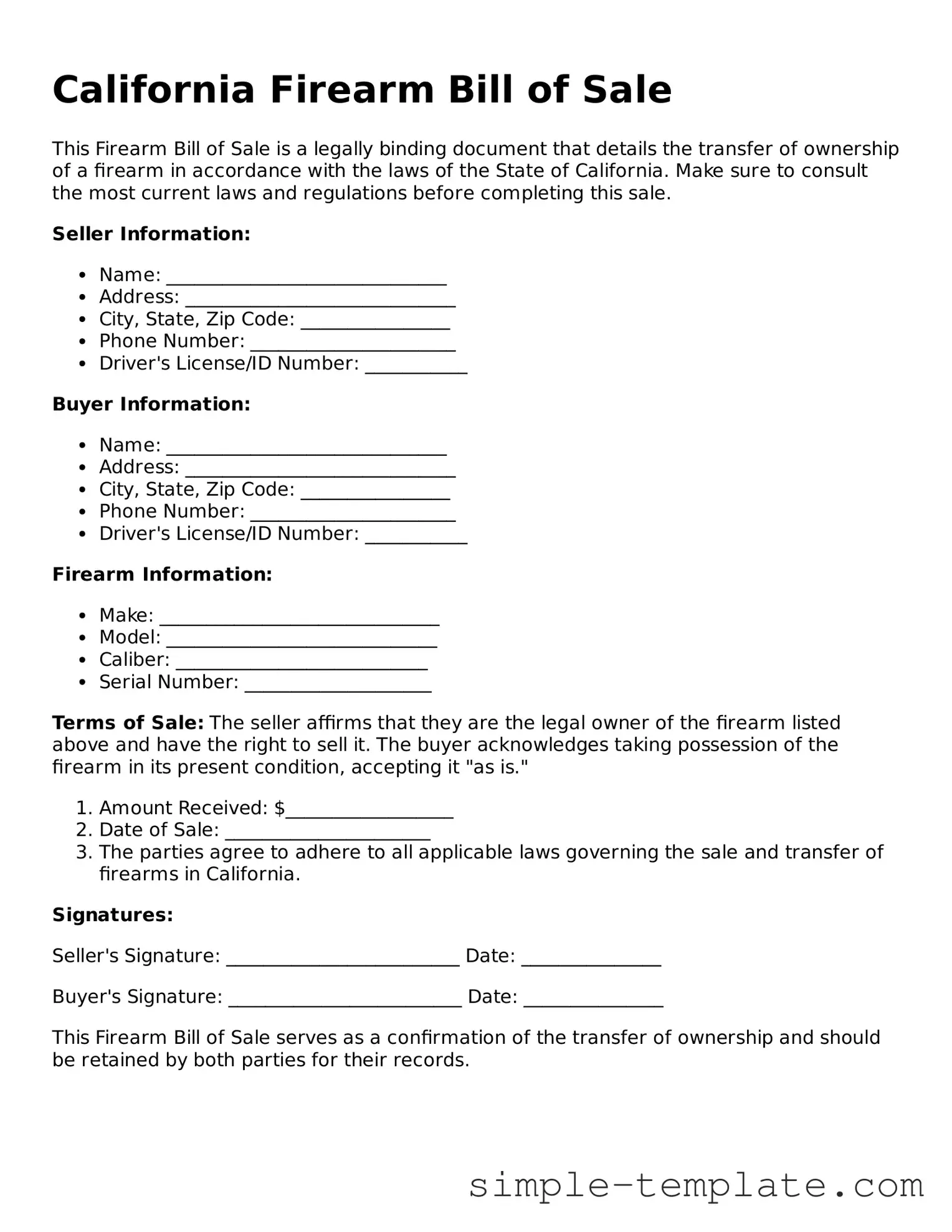 Printable California Firearm Bill of Sale Document