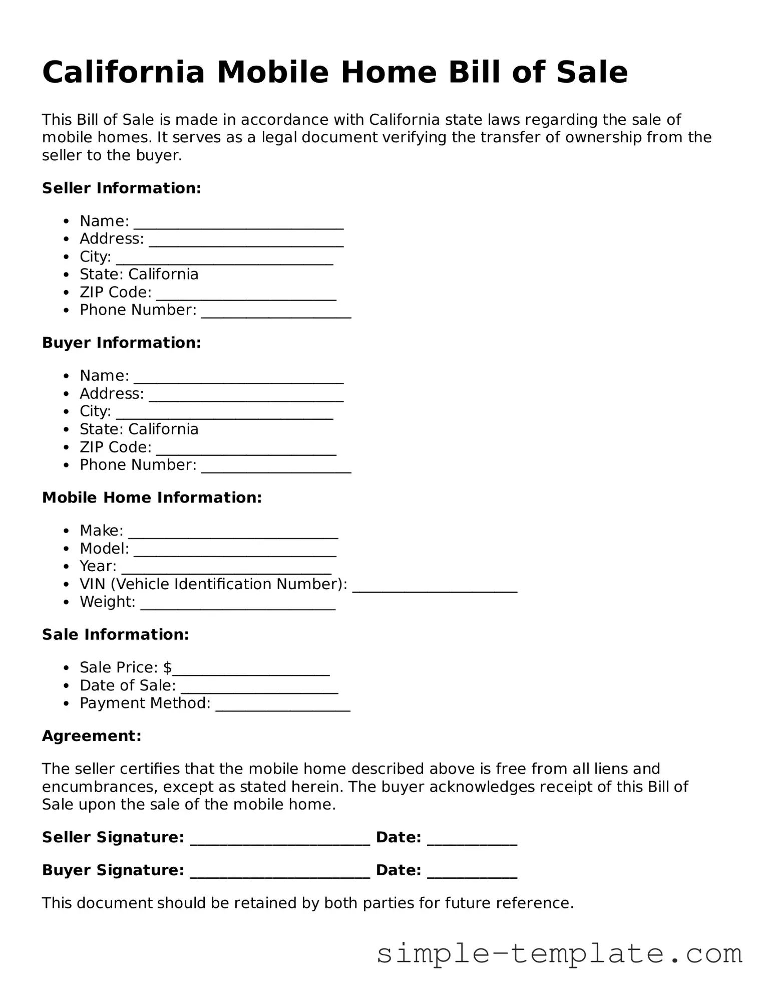 Printable California Mobile Home Bill of Sale Document