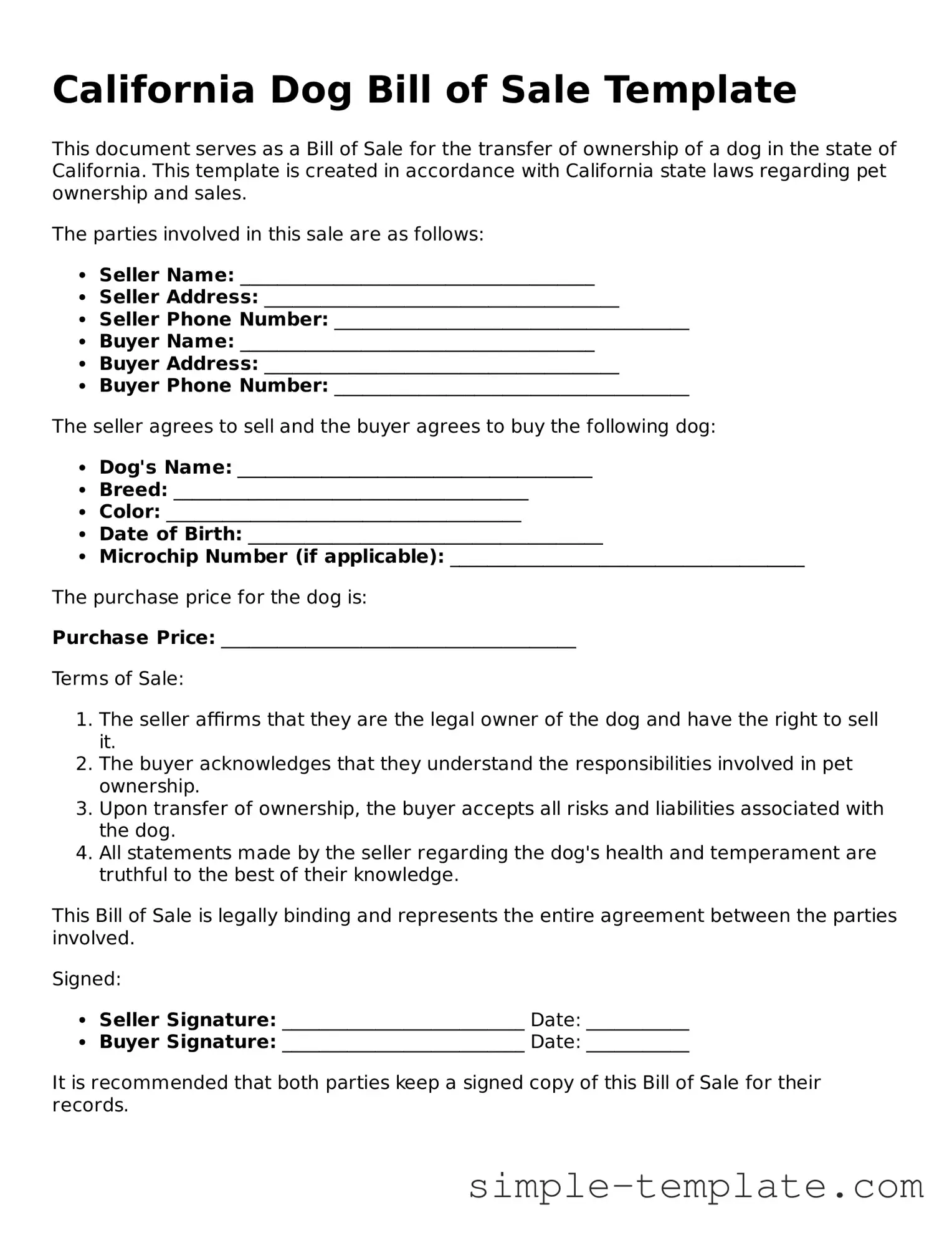 Printable California Dog Bill of Sale Document