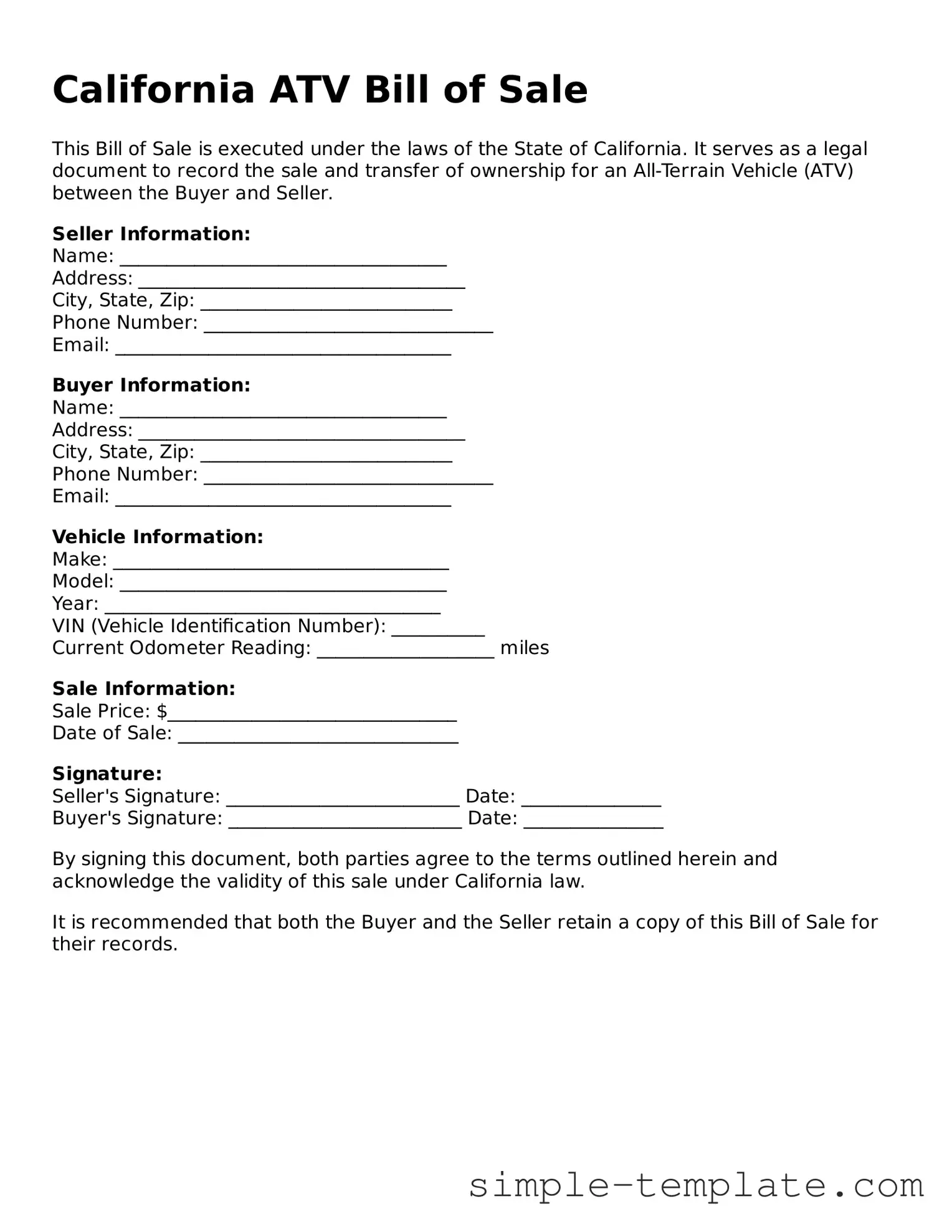 Printable California ATV Bill of Sale Document