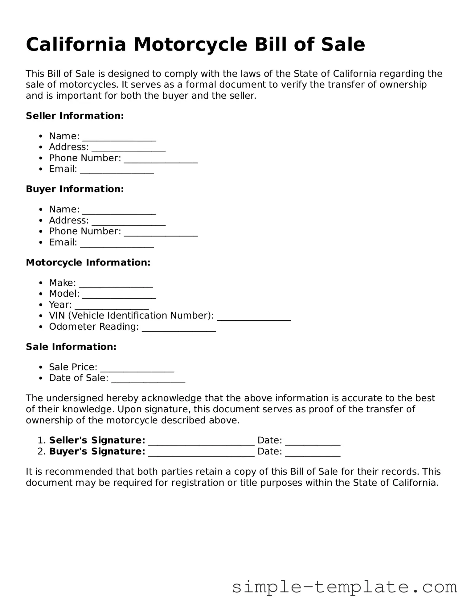 Printable California Motorcycle Bill of Sale Document
