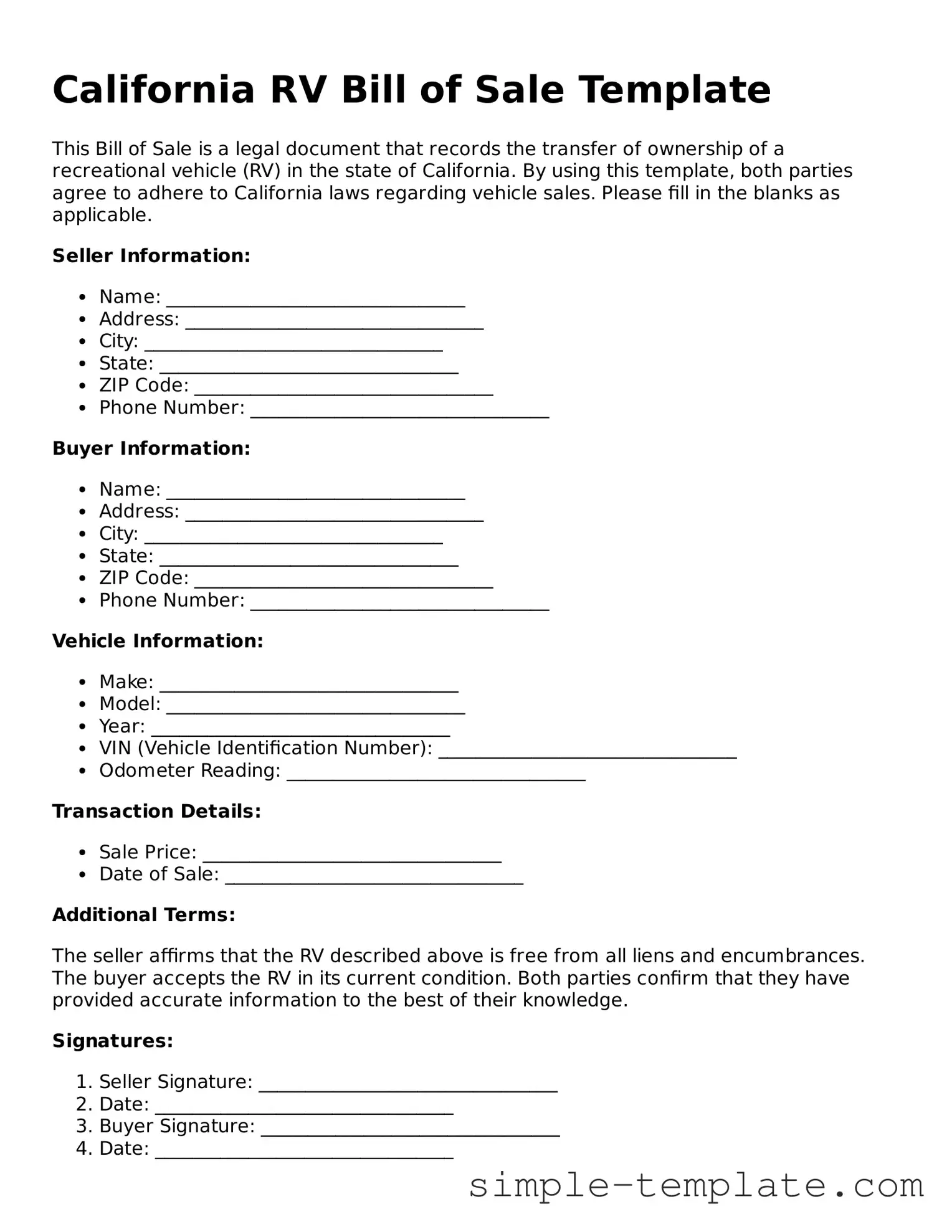 Printable California RV Bill of Sale Document