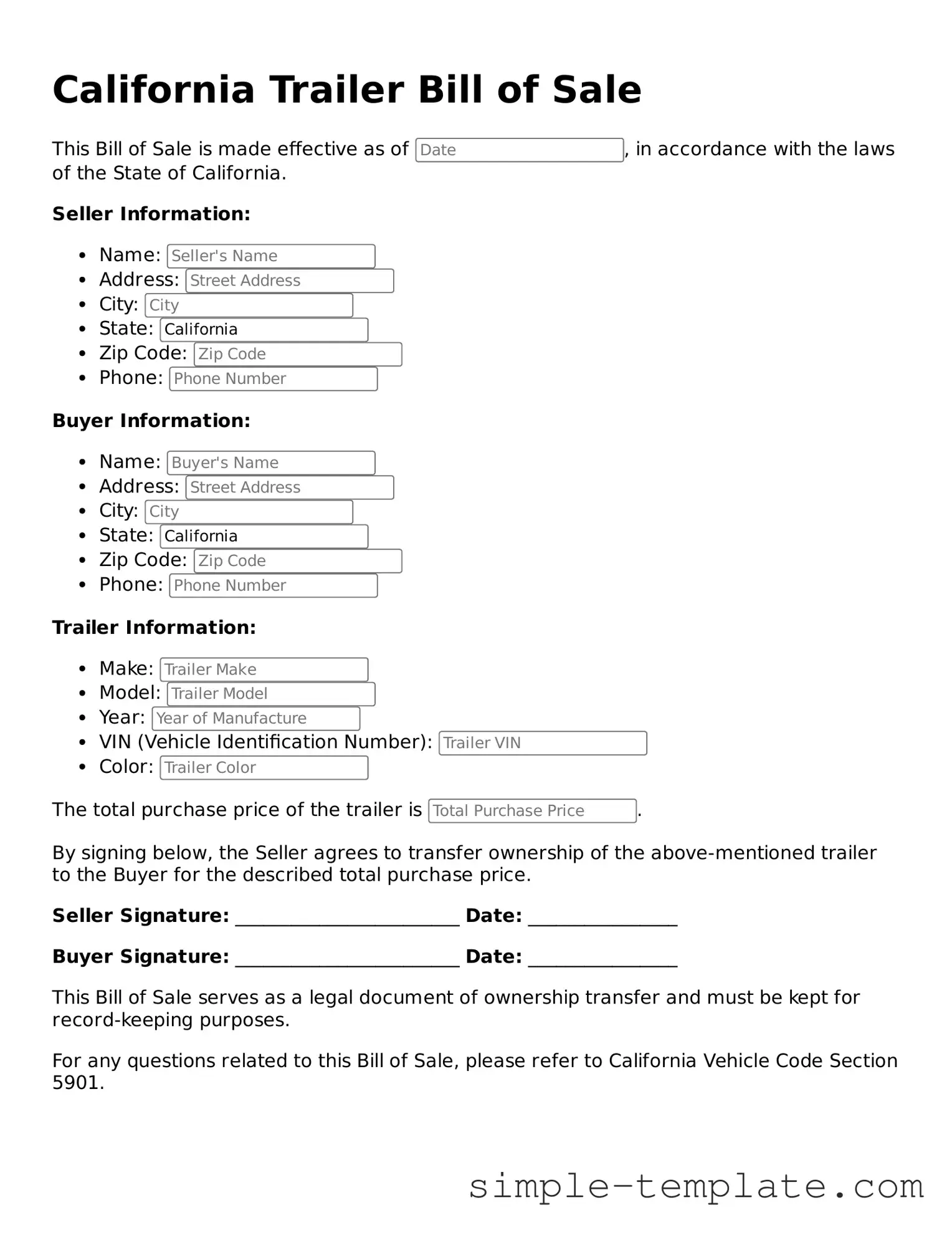 Printable California Trailer Bill of Sale Document