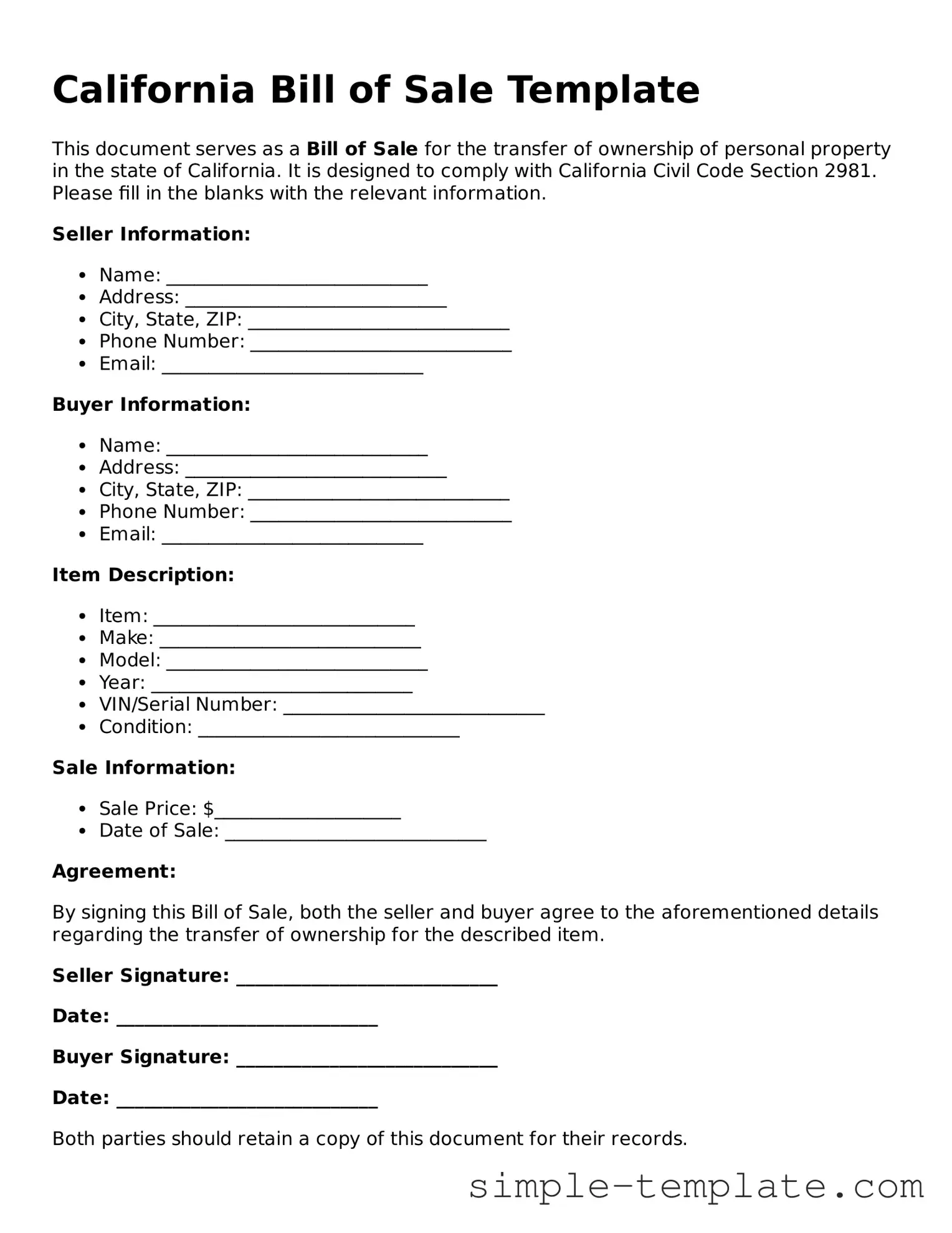Printable California Bill of Sale Document