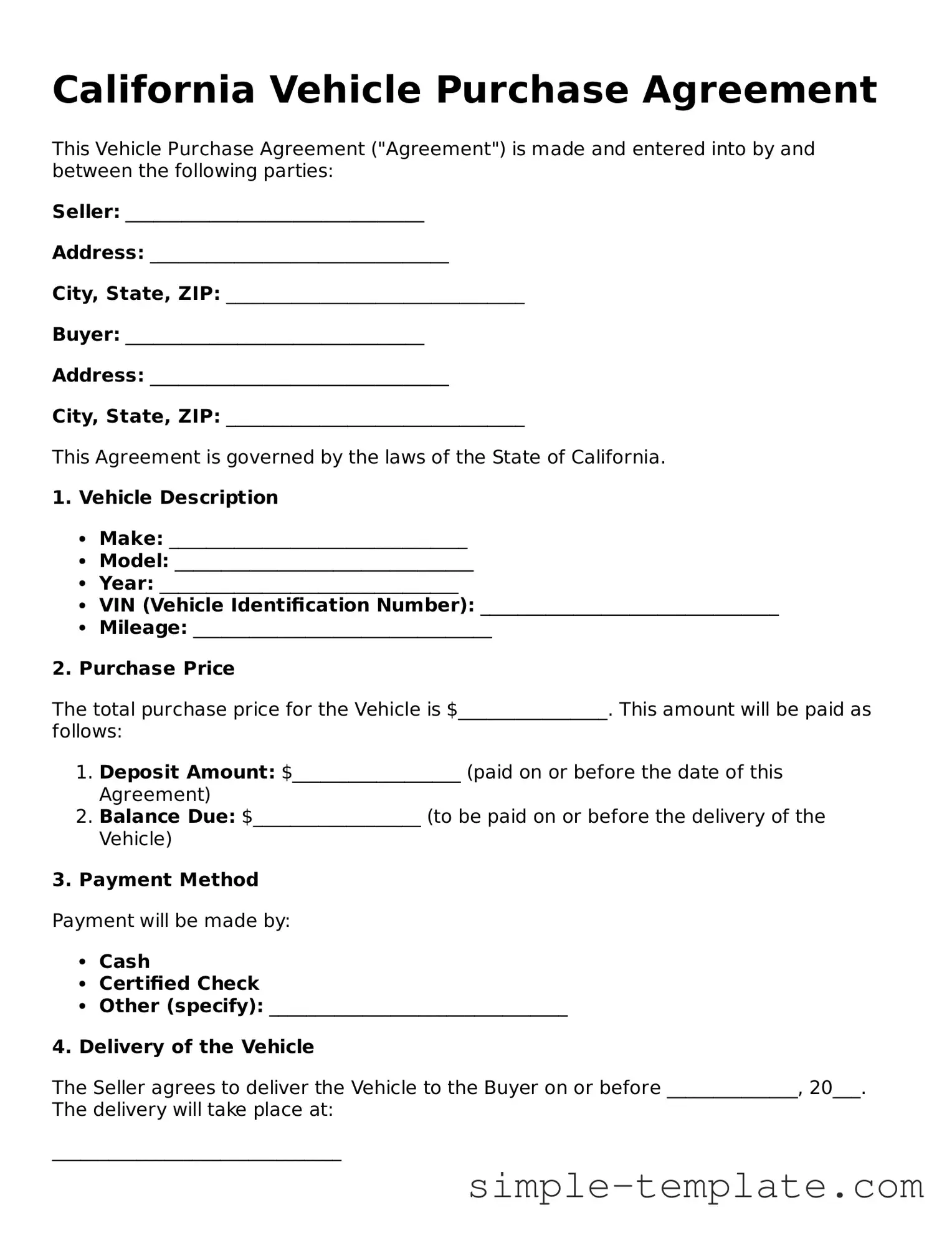 Printable California Vehicle Purchase Agreement Document