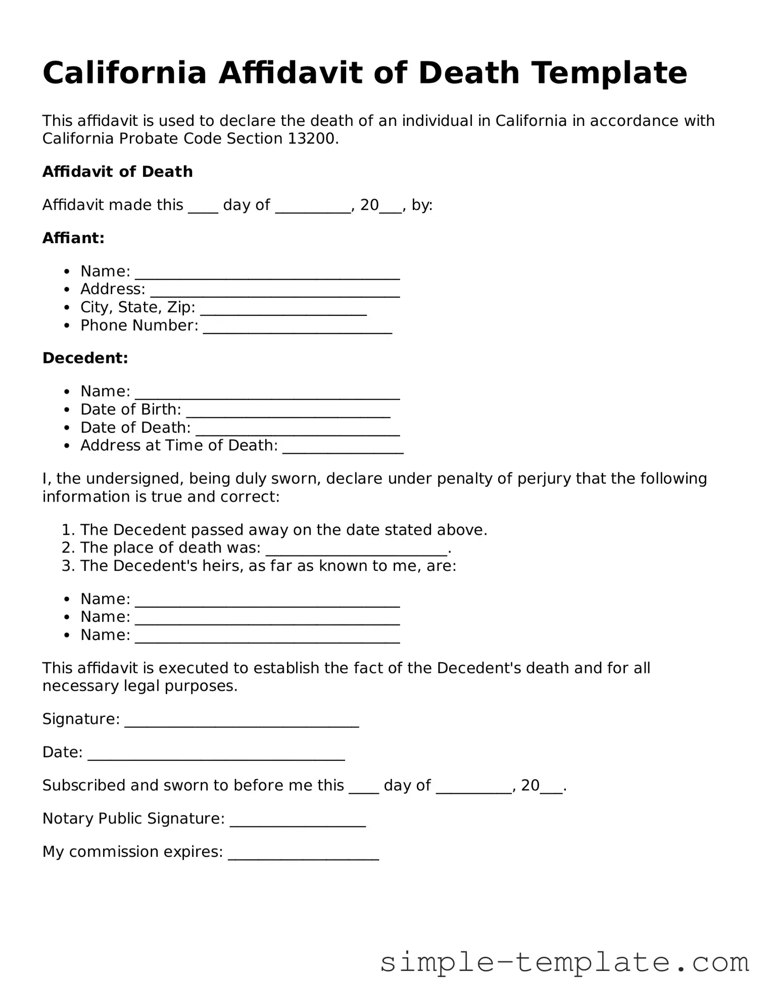 Printable California Affidavit of Death Document