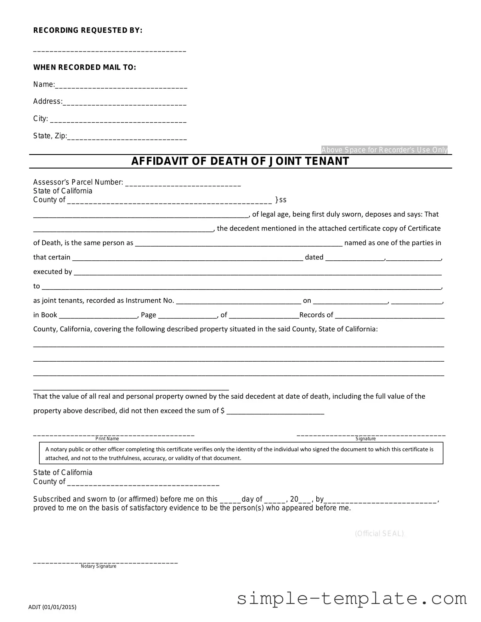 Free California Death of a Joint Tenant Affidavit Form in PDF
