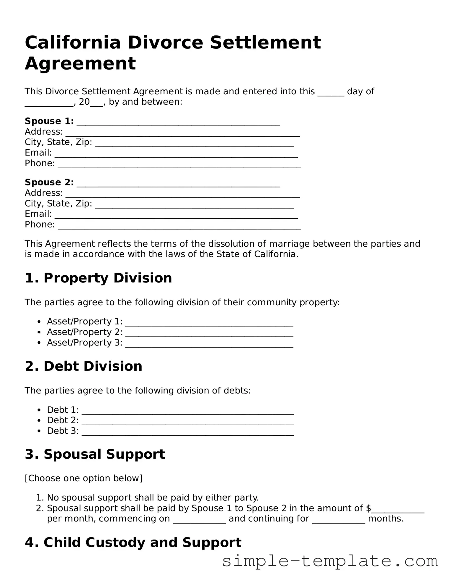 Printable California Divorce Settlement Agreement Document