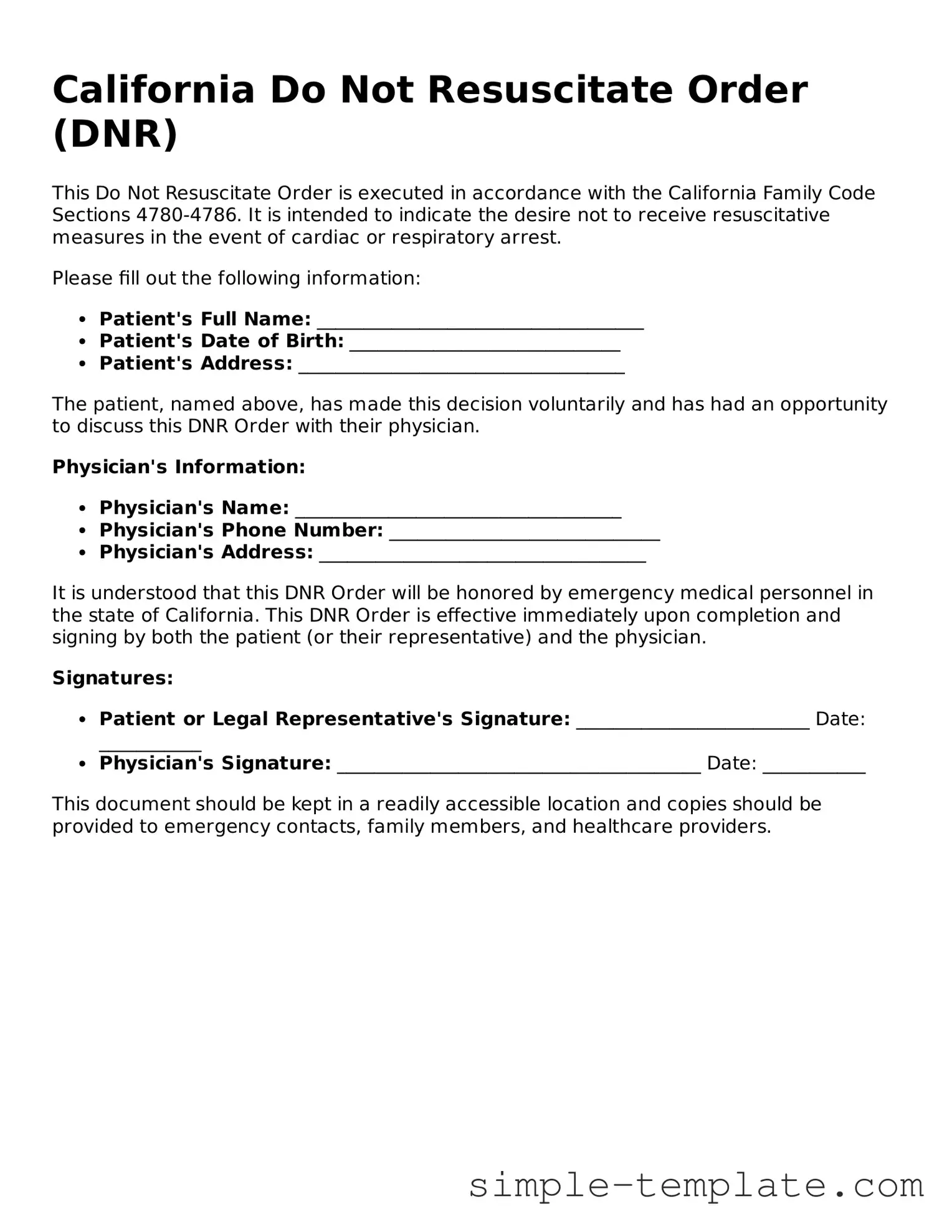 Printable California Do Not Resuscitate Order Document