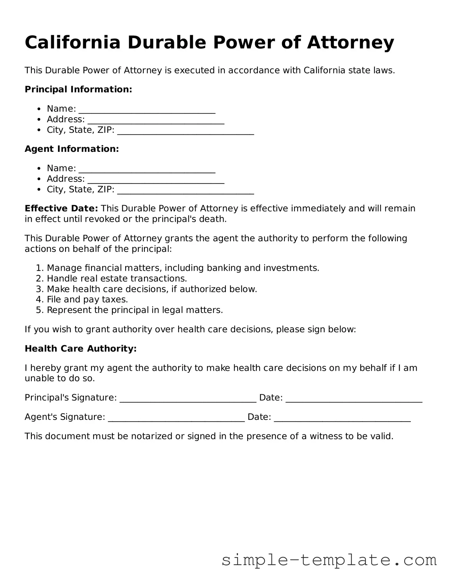 Printable California Durable Power of Attorney Document