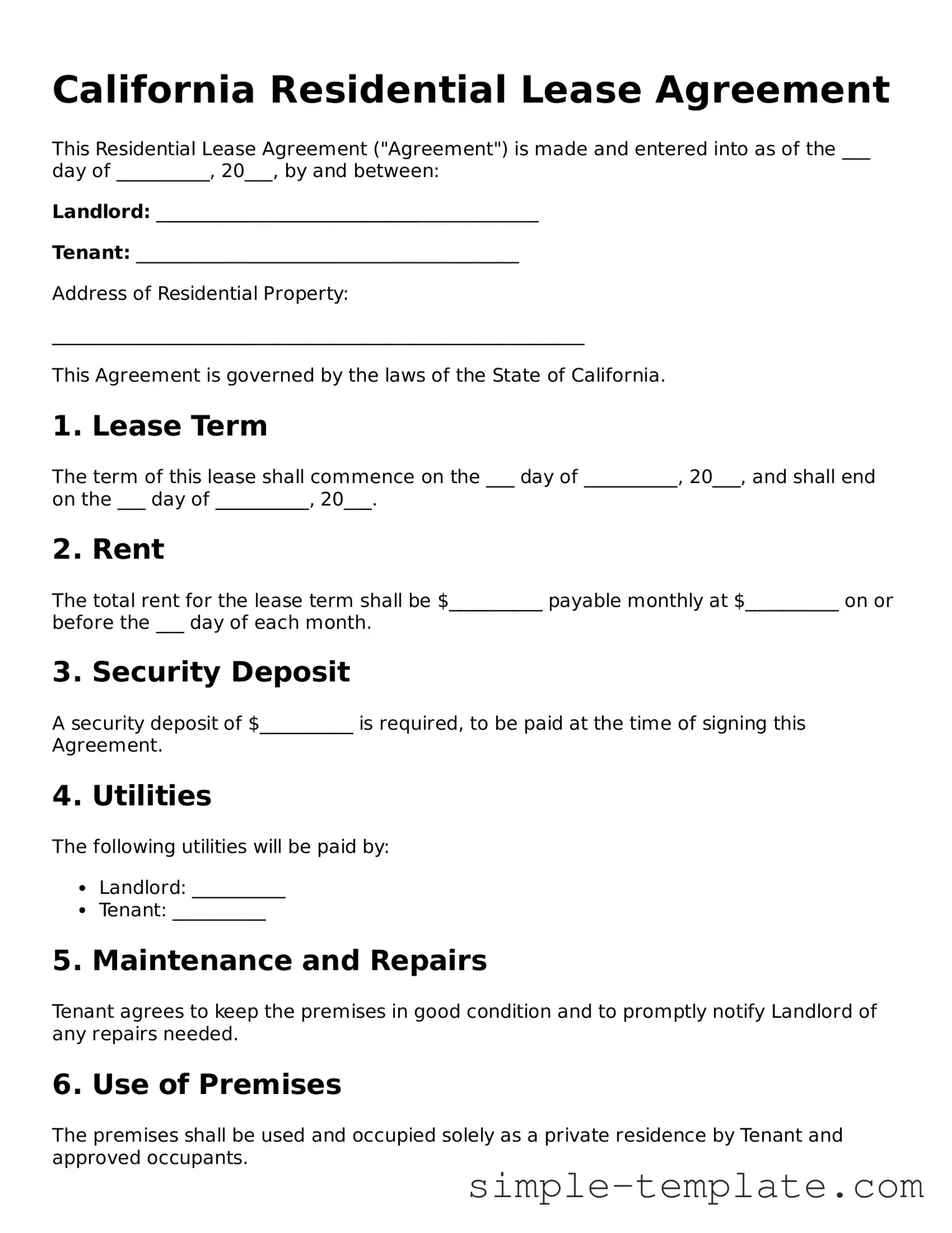 Printable California Residential Lease Agreement Document
