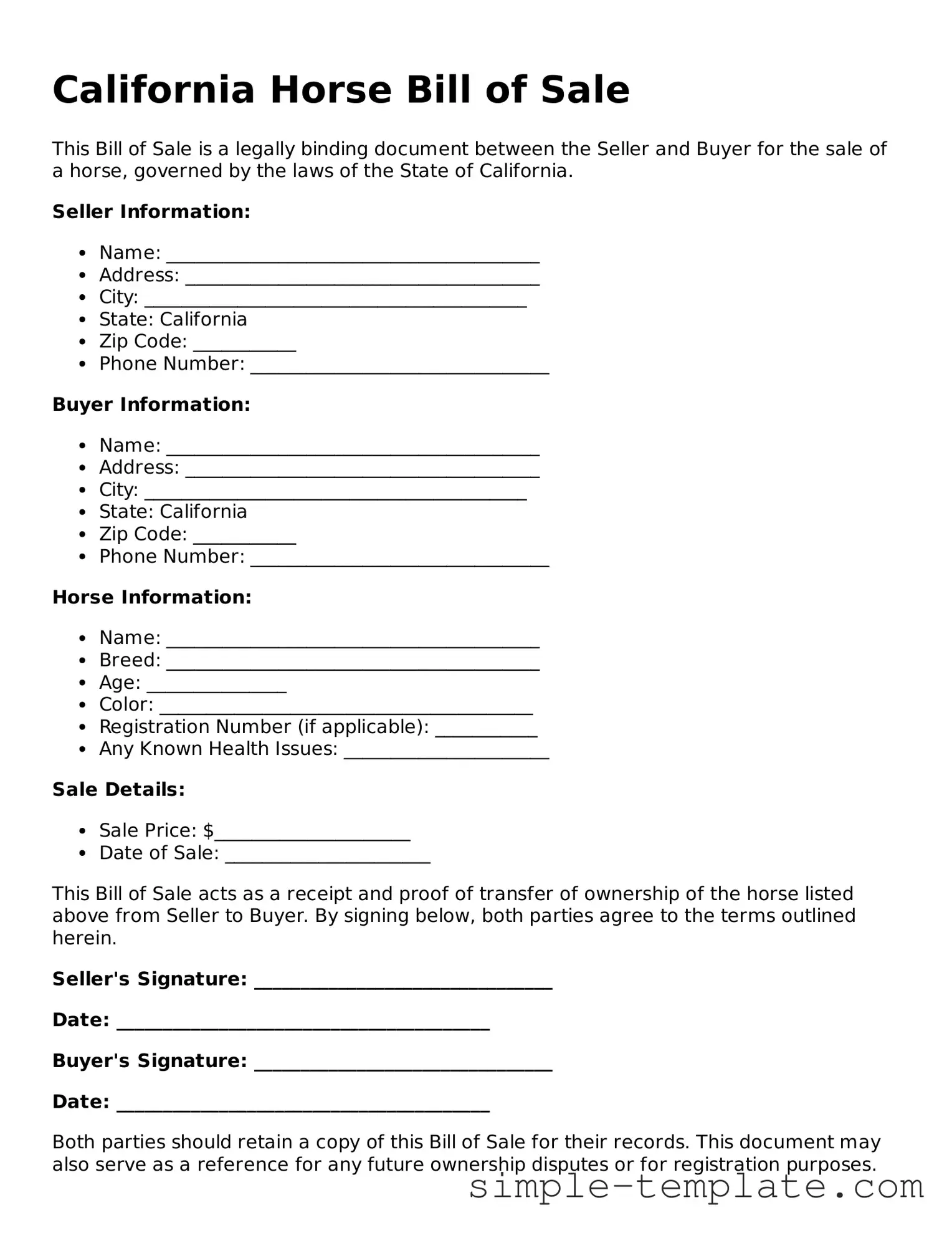 Printable California Horse Bill of Sale Document
