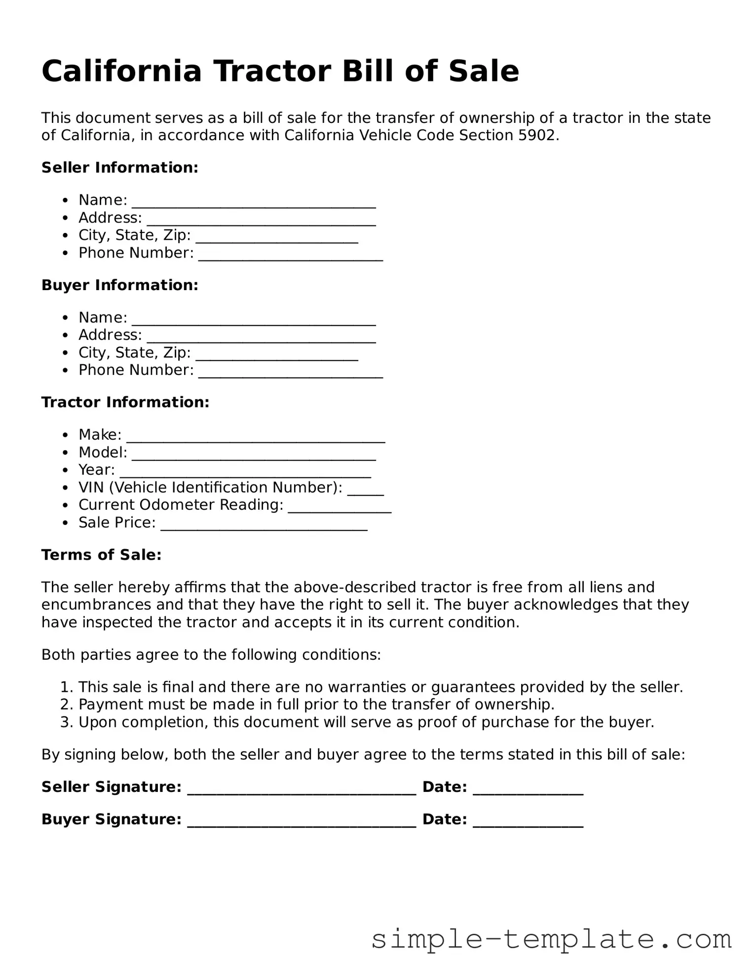 Printable California Tractor Bill of Sale Document