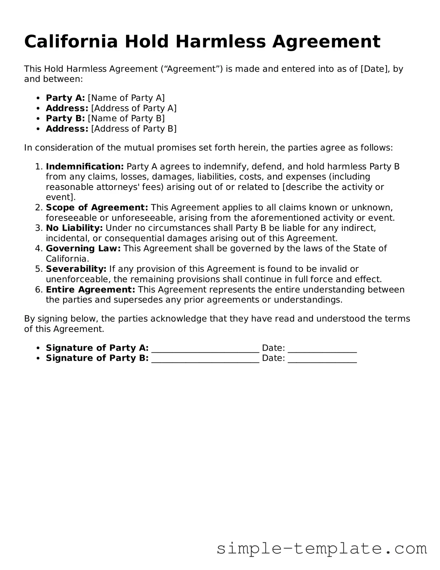 Printable California Hold Harmless Agreement Document