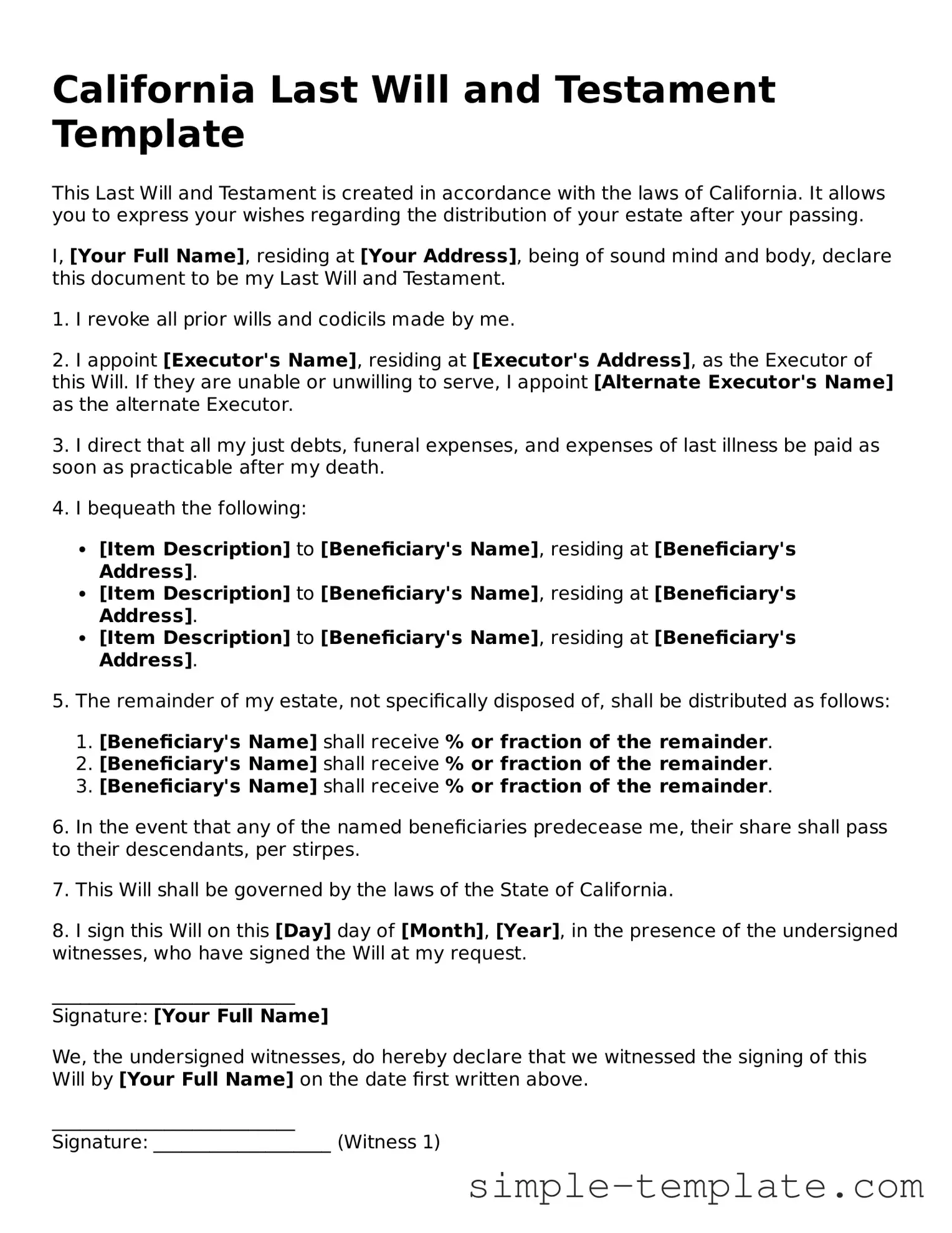 Printable California Last Will and Testament Document