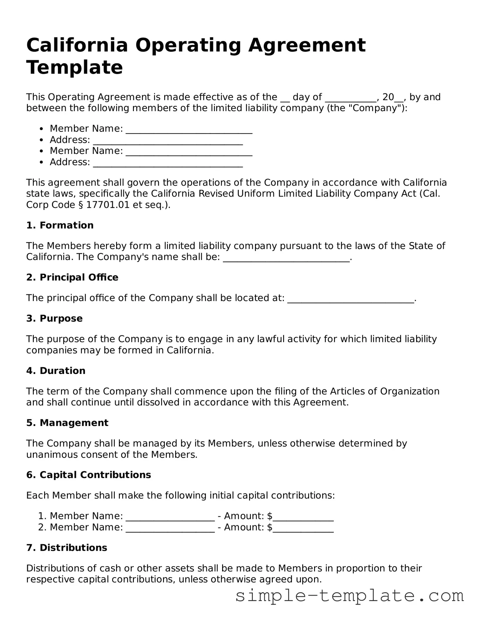 Printable California Operating Agreement Document