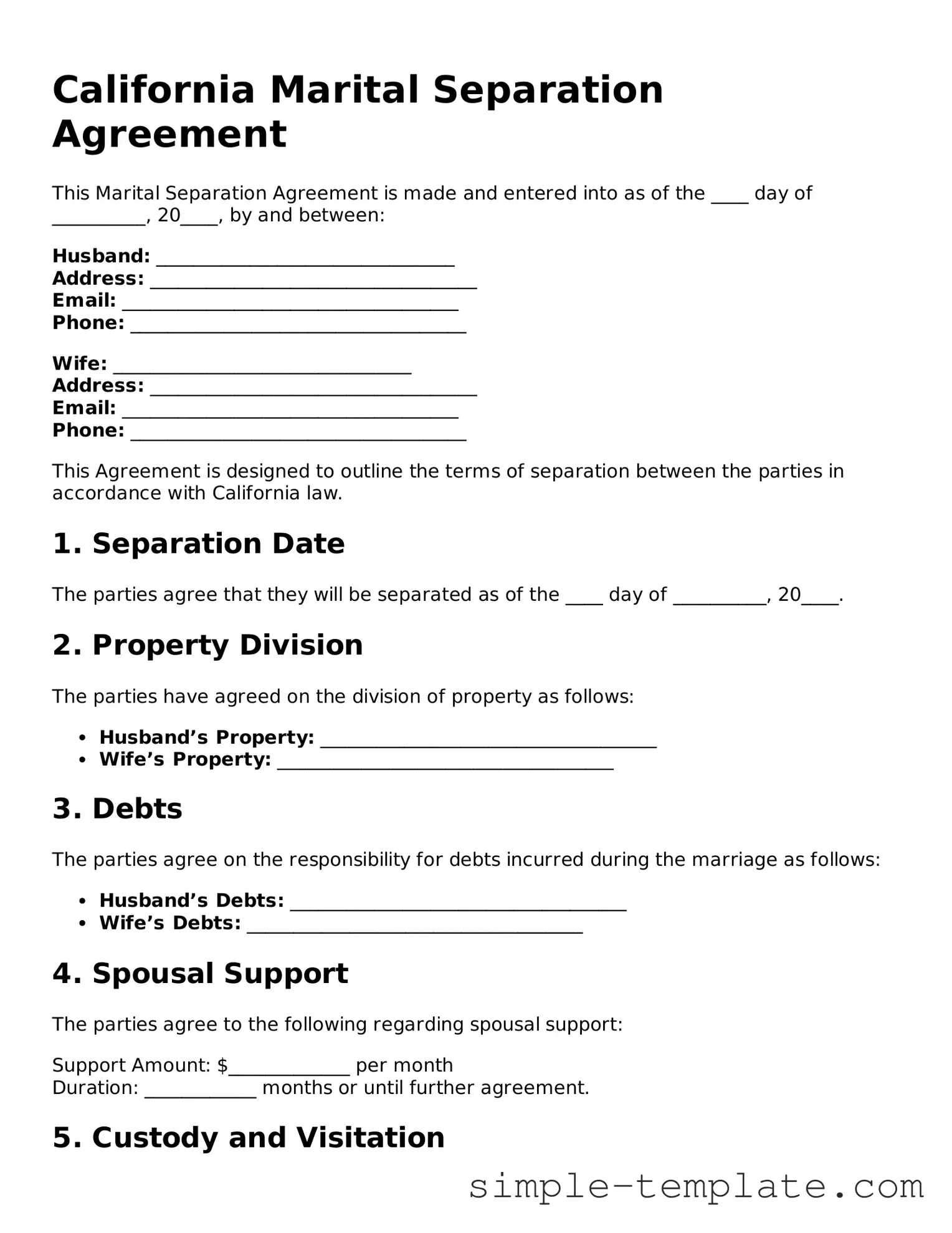 Printable California Marital Separation Agreement Document