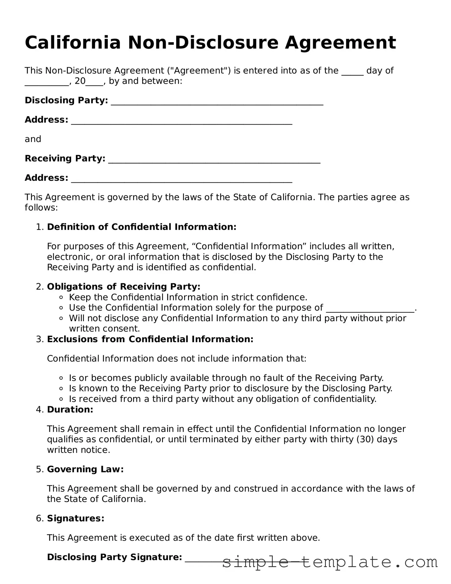 Printable California Non-disclosure Agreement Document